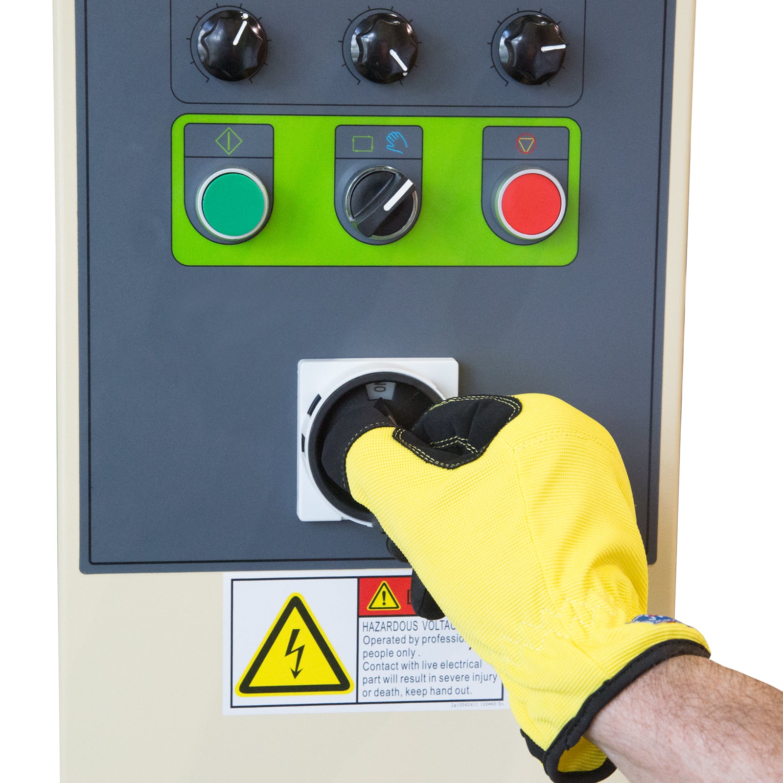 Close-up detail shot of the control panel of a stretch wrapper for pallets. A hand wearing a yellow safety work glove is adjusting one of the control knobs. 