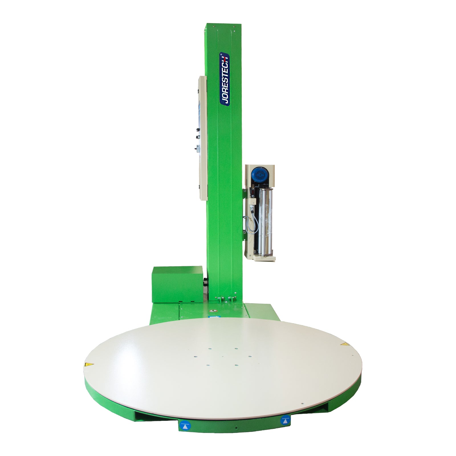 Front view of a green pallet and bundle stretch wrapper with a beige orbital round turntable. 