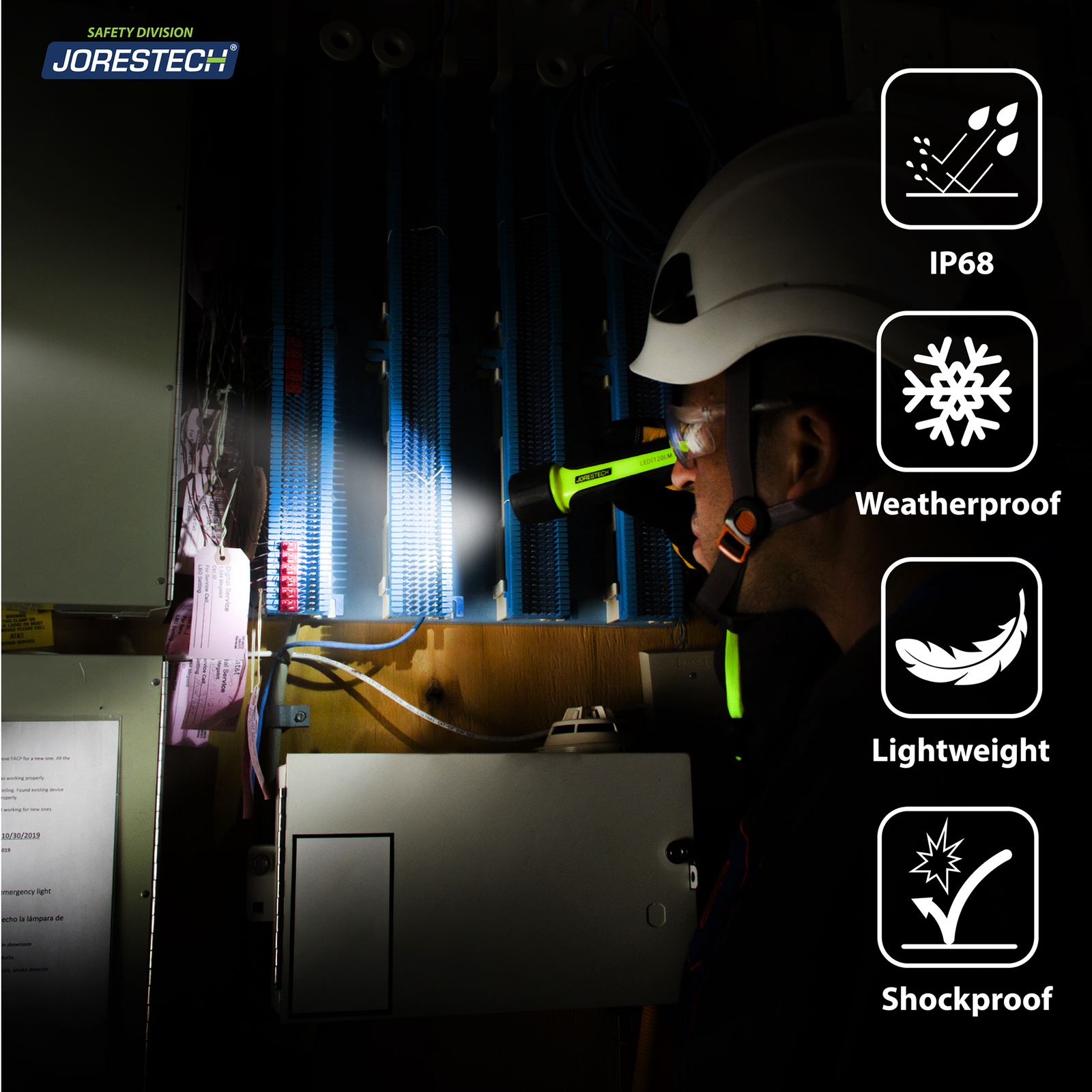 A worker doing repairs in a breaker switch box while the only light source in the one coming from the flashlight. Icons describe: IP68, Weatherproof, lightweight and shockproof