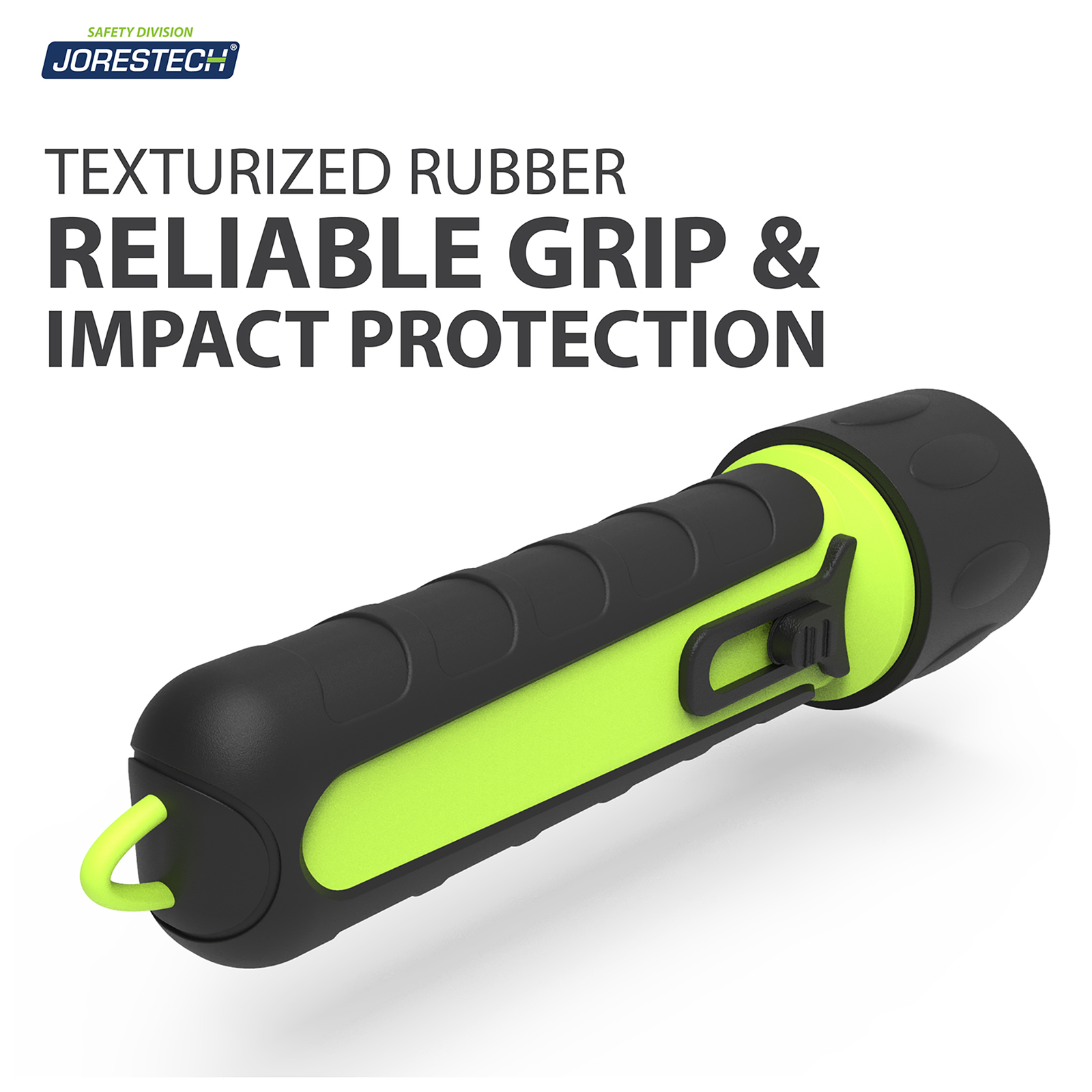 Back view of 1 ultra light bright weatherproof JORESTECH® black and lime flashlight. Text reads: Texturized rubber reliable grip & impact protection