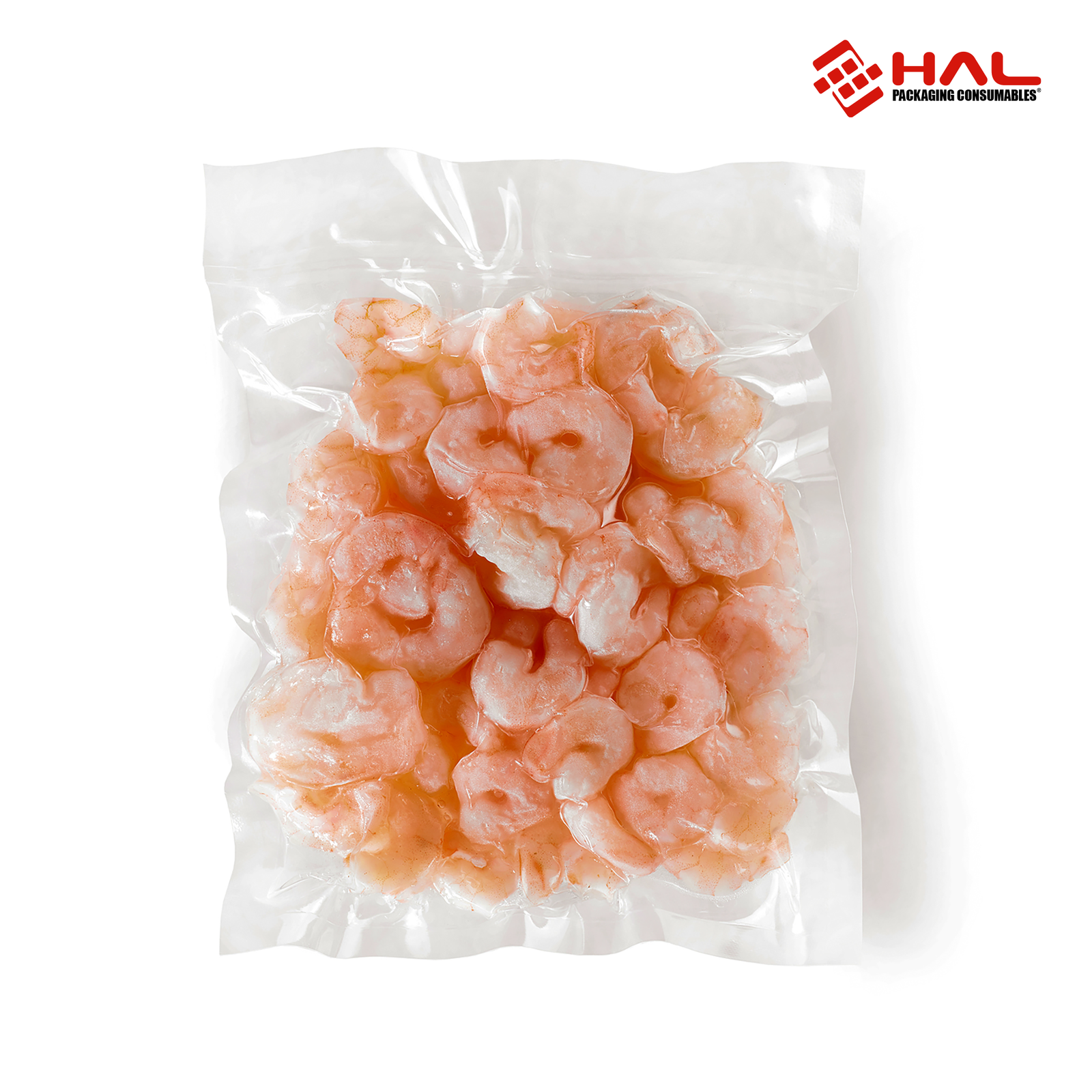 A bunch of raw shrimps pealed and vacuumed sealed in a HAL vacuum sealer bag over white background