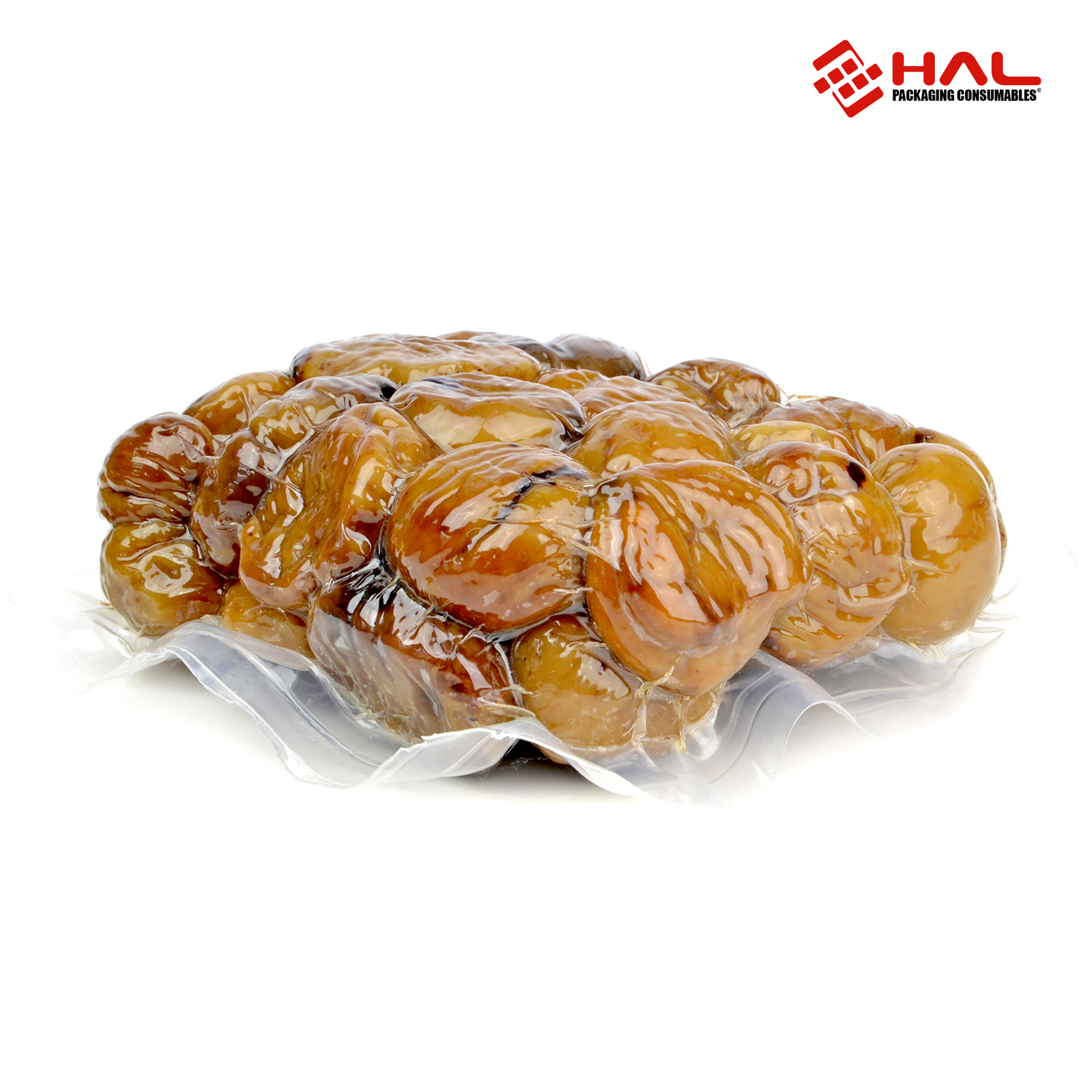 A clear HAL vacuumed bag with potatoes inside over white background