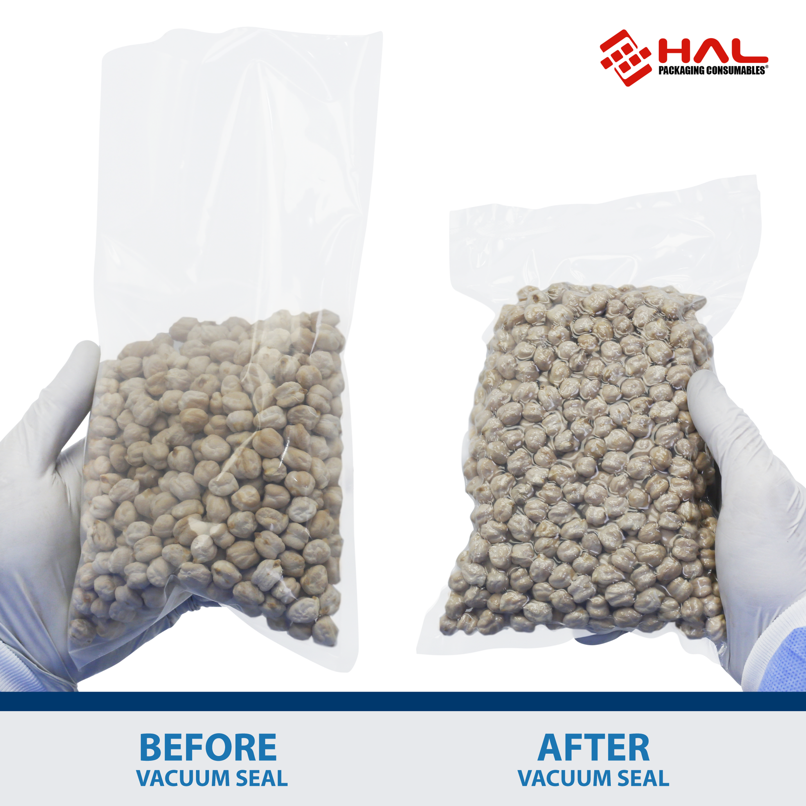 Hands of a person showing the before and after of one HAL bag unsealed with chickpeas inside and then the same bag vacuumed sealed side by side.