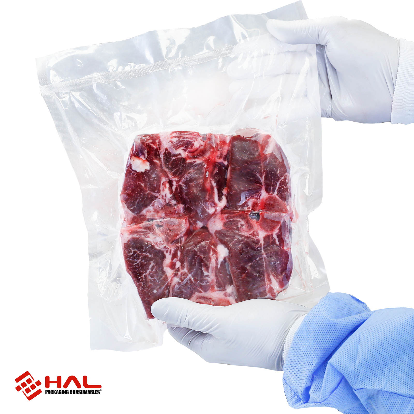 Hands of a woman opening a clear bag to show the material of the HAL vacuum sealer bags over white background