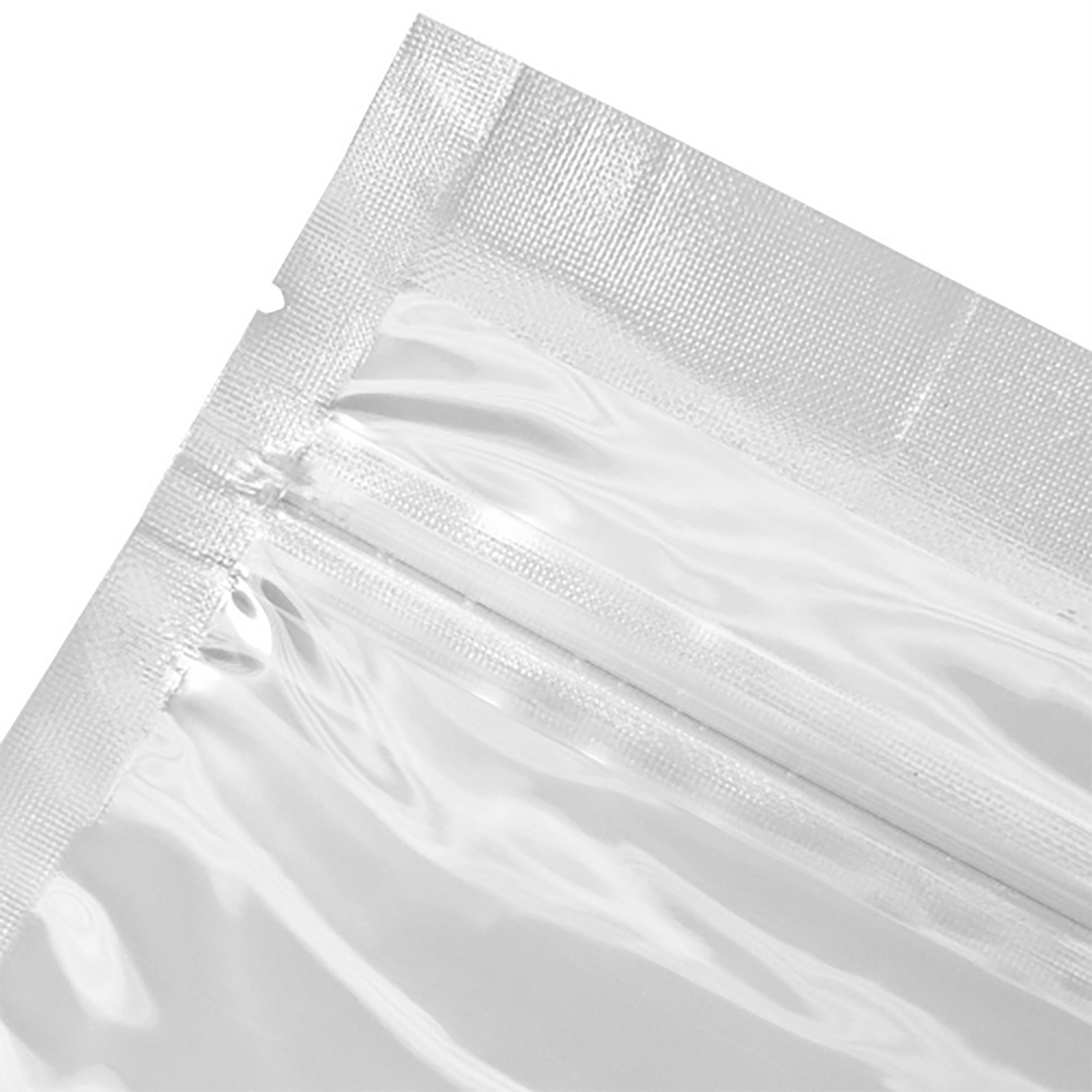 Close up of a JORESTECH® vacuum sealer bag with zipper over white background
