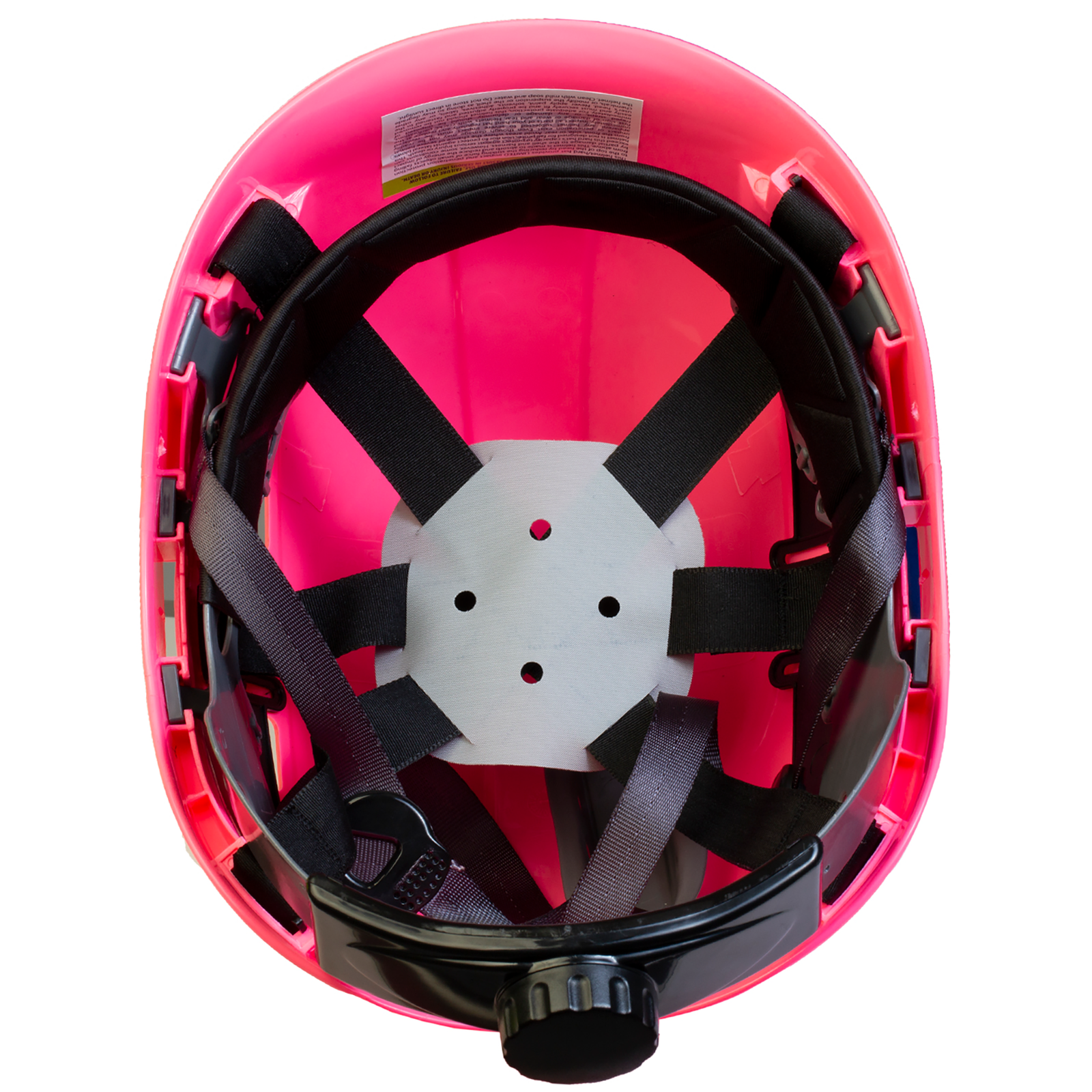 bottom view of the Jorestech pink ventilated rescue hard hat with adjustable 6 point suspension installed
