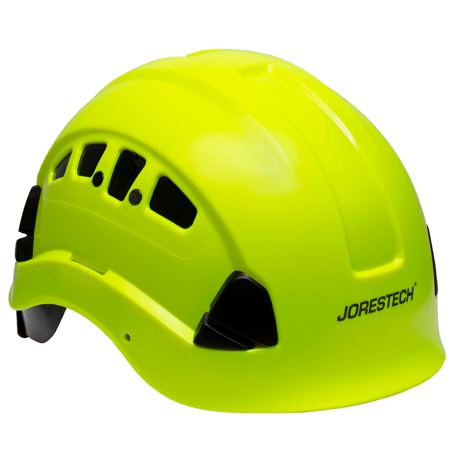 Diagonal view of the Jorestech lime ventilated rescue hard hat with adjustable 6 point suspension