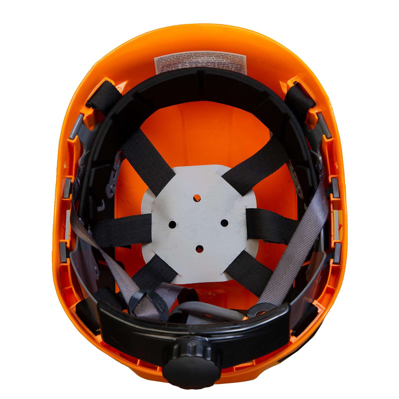 Bottom view of the Jorestech orange ventilated hard hat with adjustable 6 point suspension. The suspension is installed inside de hard had shell.
