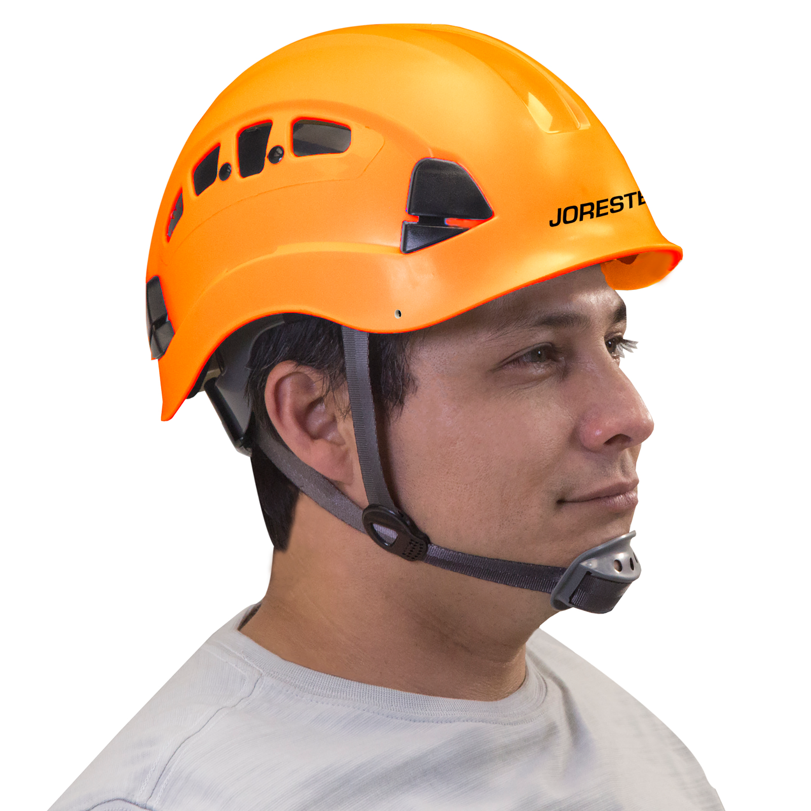 Man wearing the Jorestech orange ventilated hard hat for head protection with adjustable 6 point suspension and chin strap