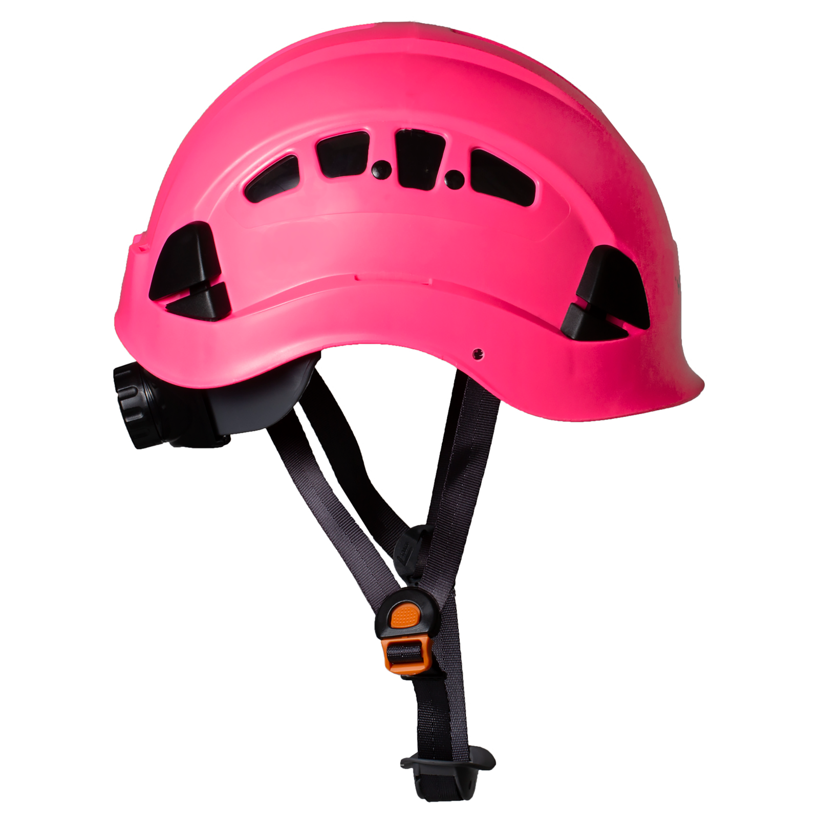 Side view of the Jorestech pink ventilated rescue hard hat Type 1 Class Cwith adjustable 6 point suspension and black chin strap