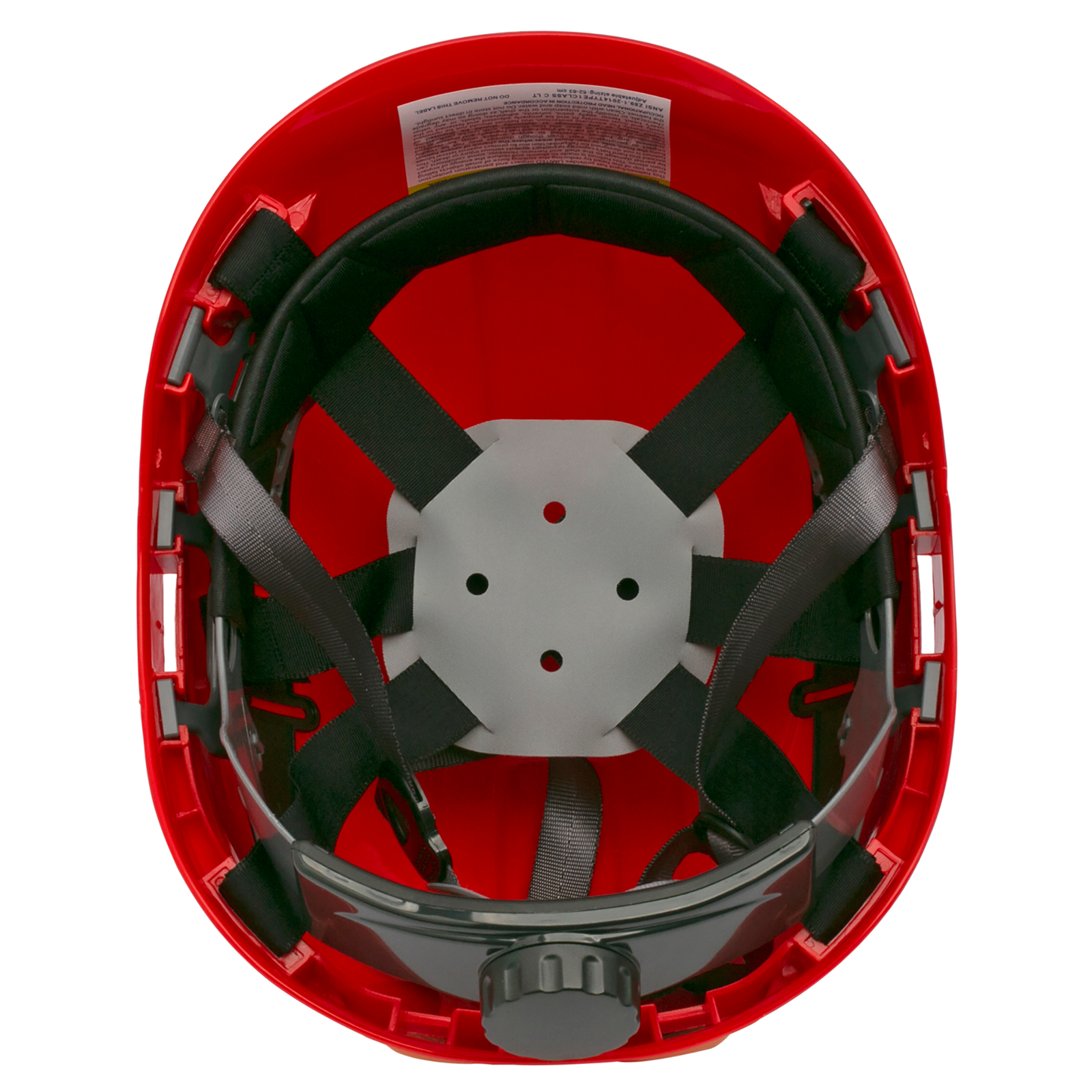 Bottom view of the Jorestech red ventilated hard hat with adjustable 6 point suspension installed 