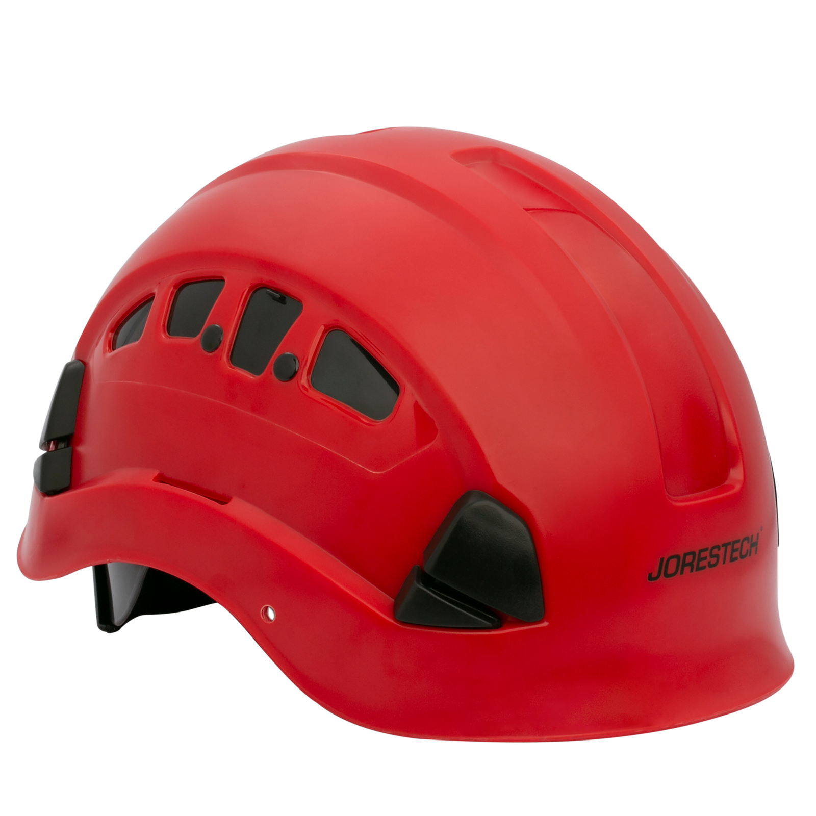 Diagonal view of the Jorestech red ventilated rescue hard hat with adjustable 6 point suspension