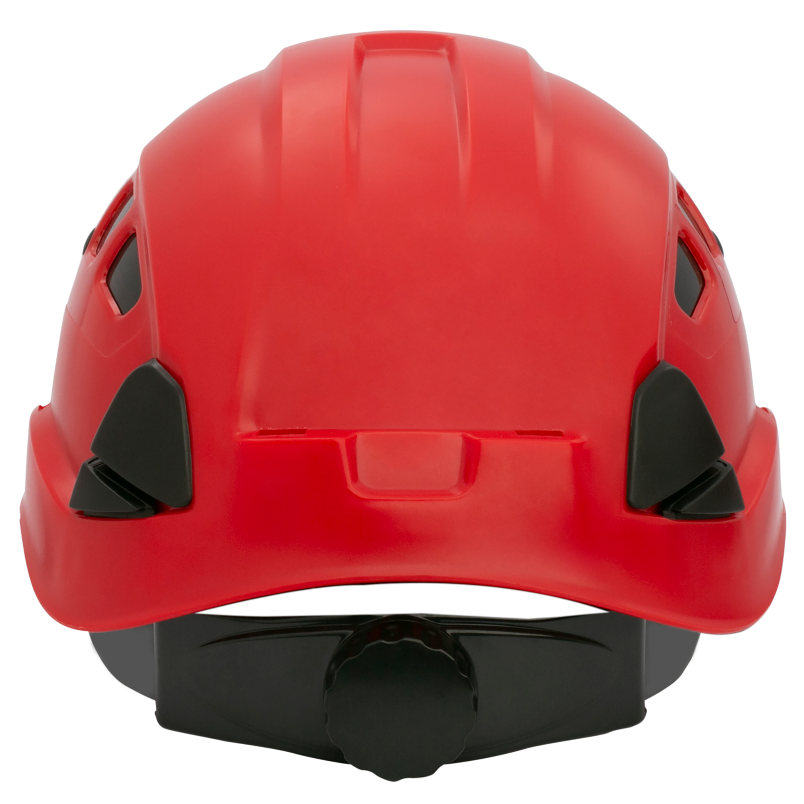 Back view of the Jorestech red ventilated hard hat with adjustable 6 point suspension and black ratchet system