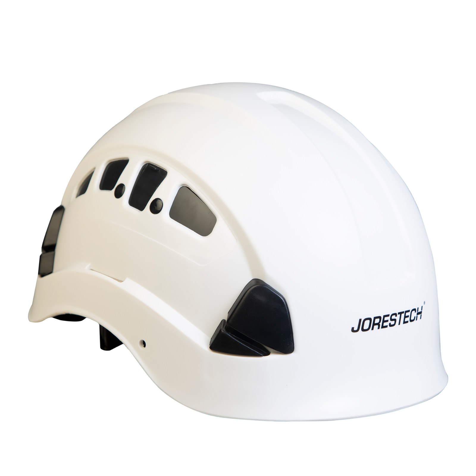 Diagonal view of the Jorestech white ventilated hard hat with adjustable 6 point suspension