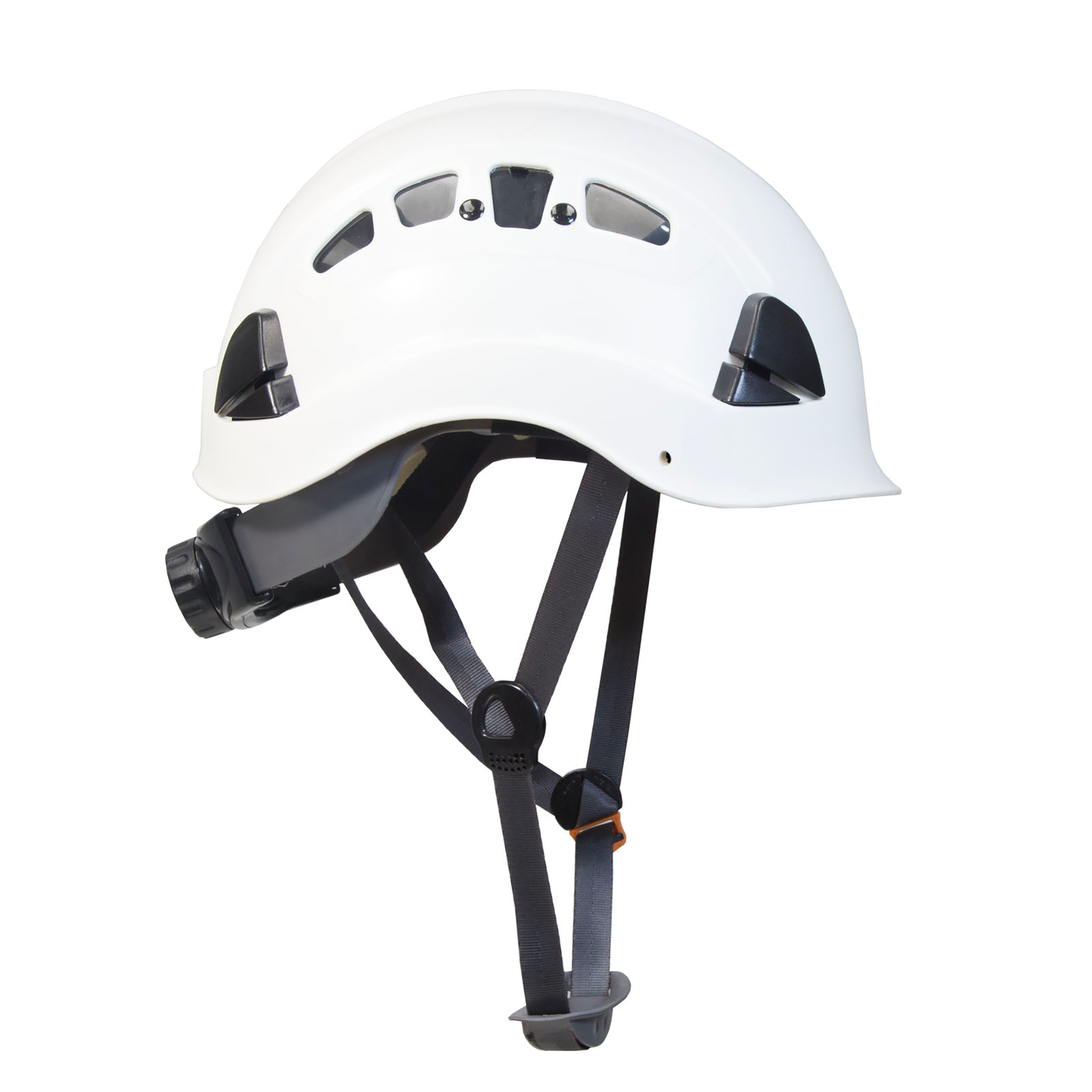 Side view of the Jorestech white ventilated rescue hard hat Type 1 Class C with adjustable 6 point suspension and black chin strap