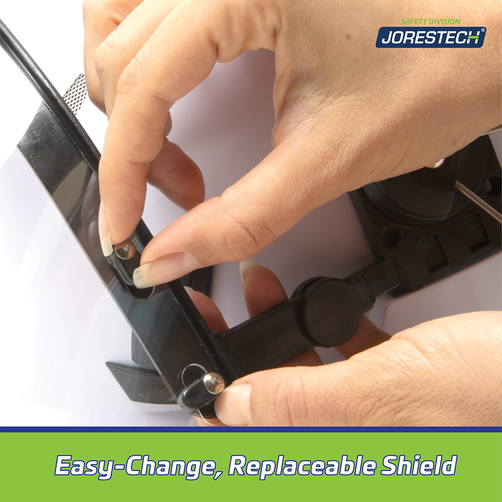 The hands of a person installing the plastic face shield onto a white JORESTECH Helmet. Text reads: easy change, replaceable and removable shield