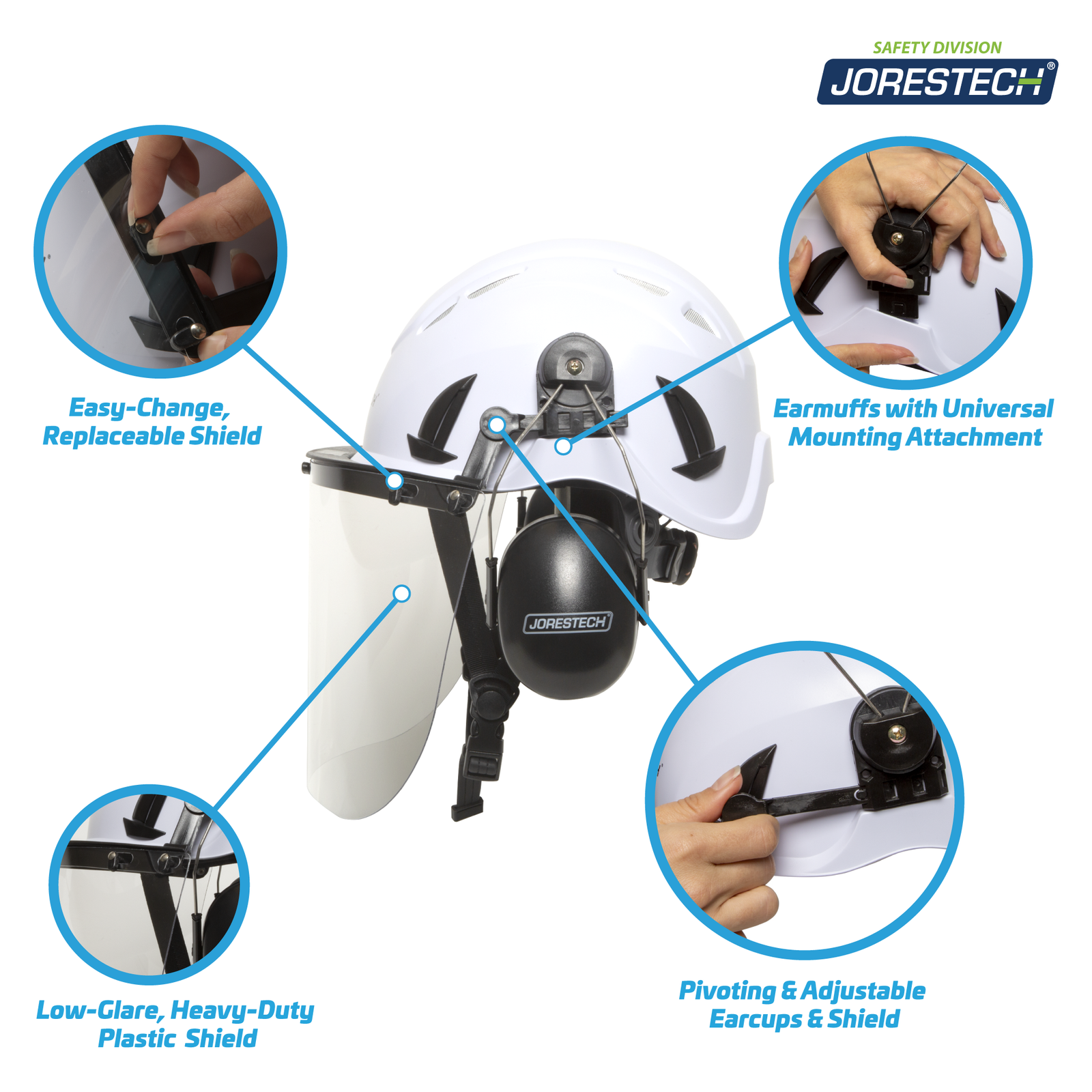 Banner featuring of a white safety hard hat system with face shield and earmuffs. Call outs in the banner describe: easy to change replacement shield, Earmuffs with universal mounting attachment, low-glare plastic shield, pivoting & adjustable earcups & shield