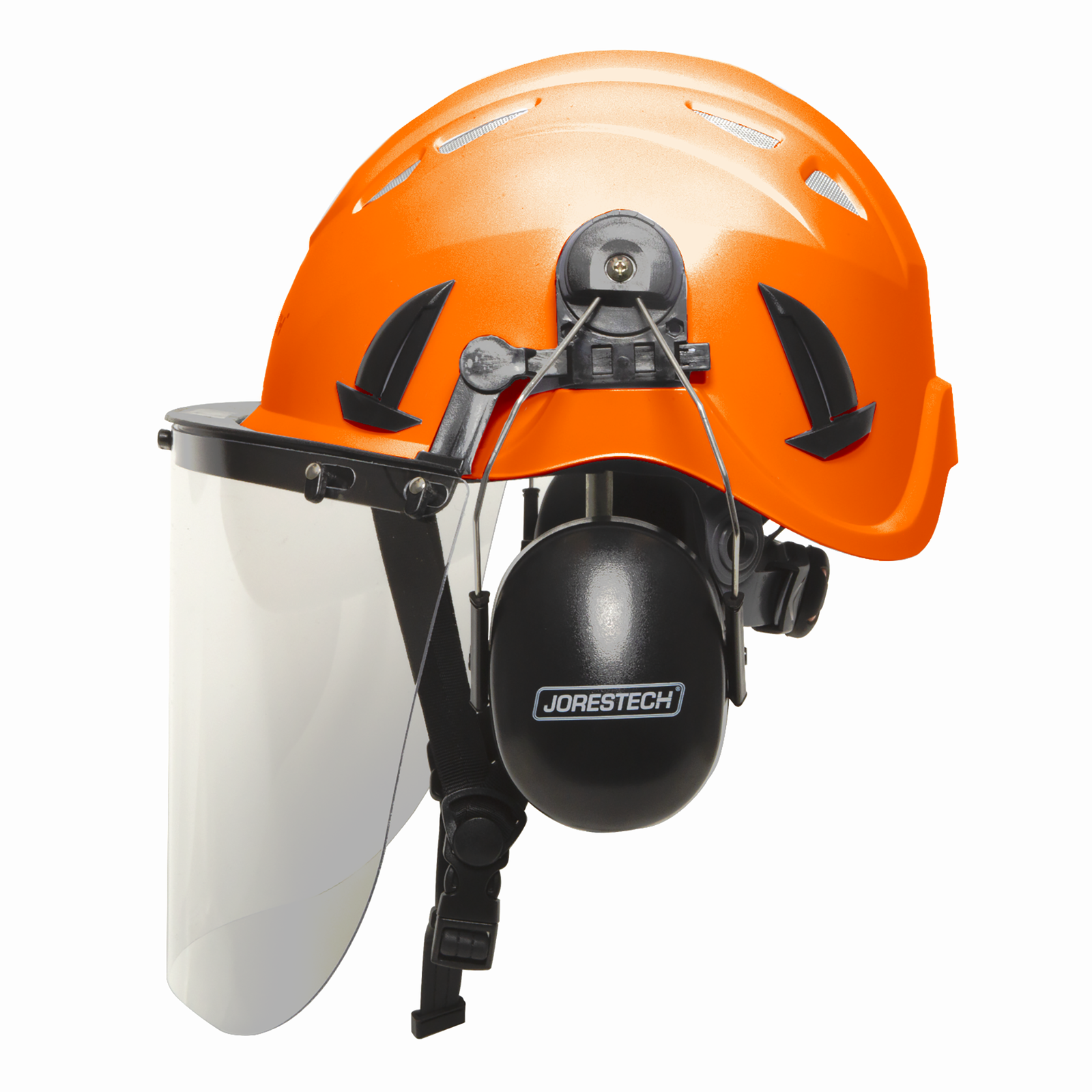 Side view of a orange ventilated safety hard hat system with clear plastic face shield and black ear muffs included
