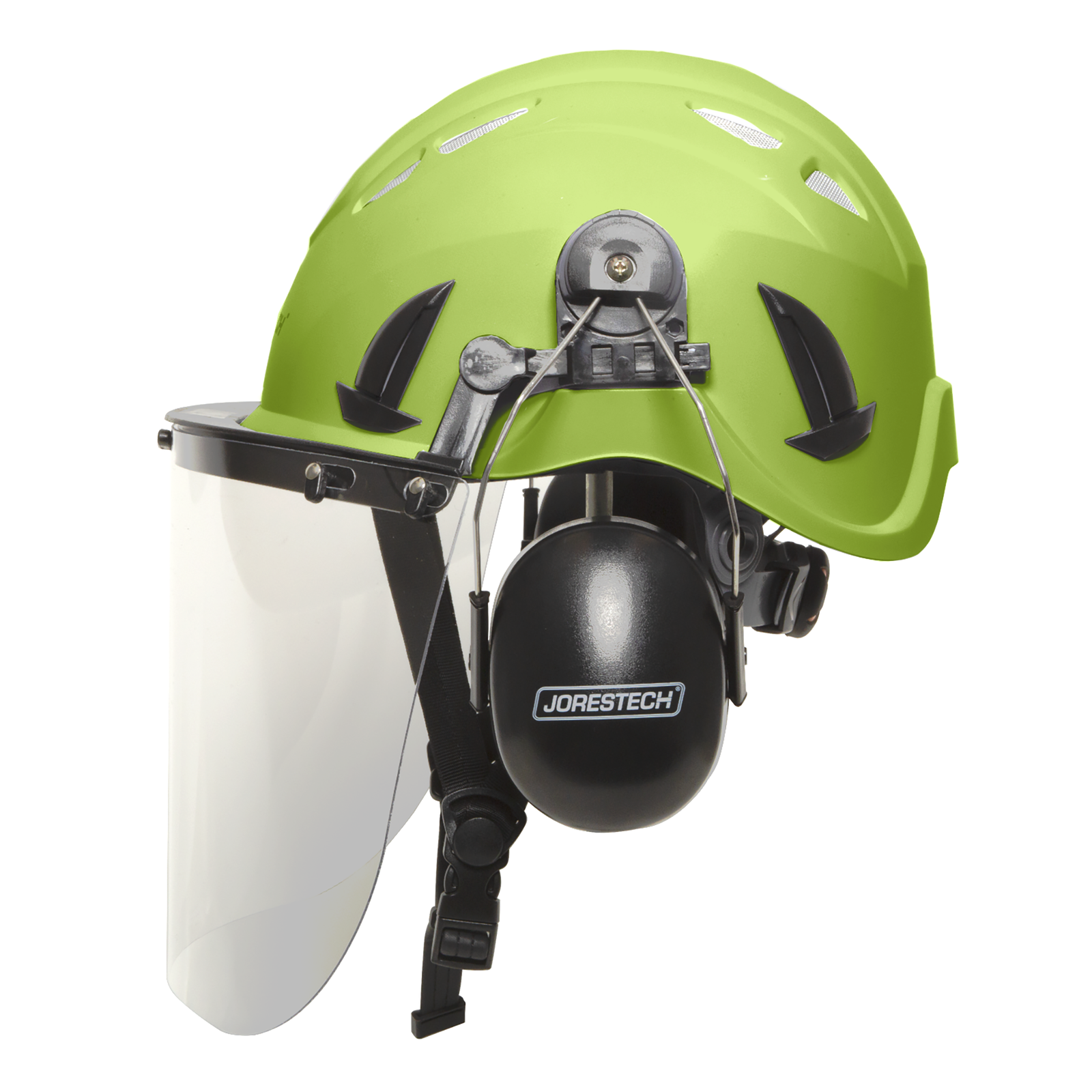 Side view of a lime/green ventilated safety climbing JORESTECH helmet system with clear plastic face shield and black ear muffs included