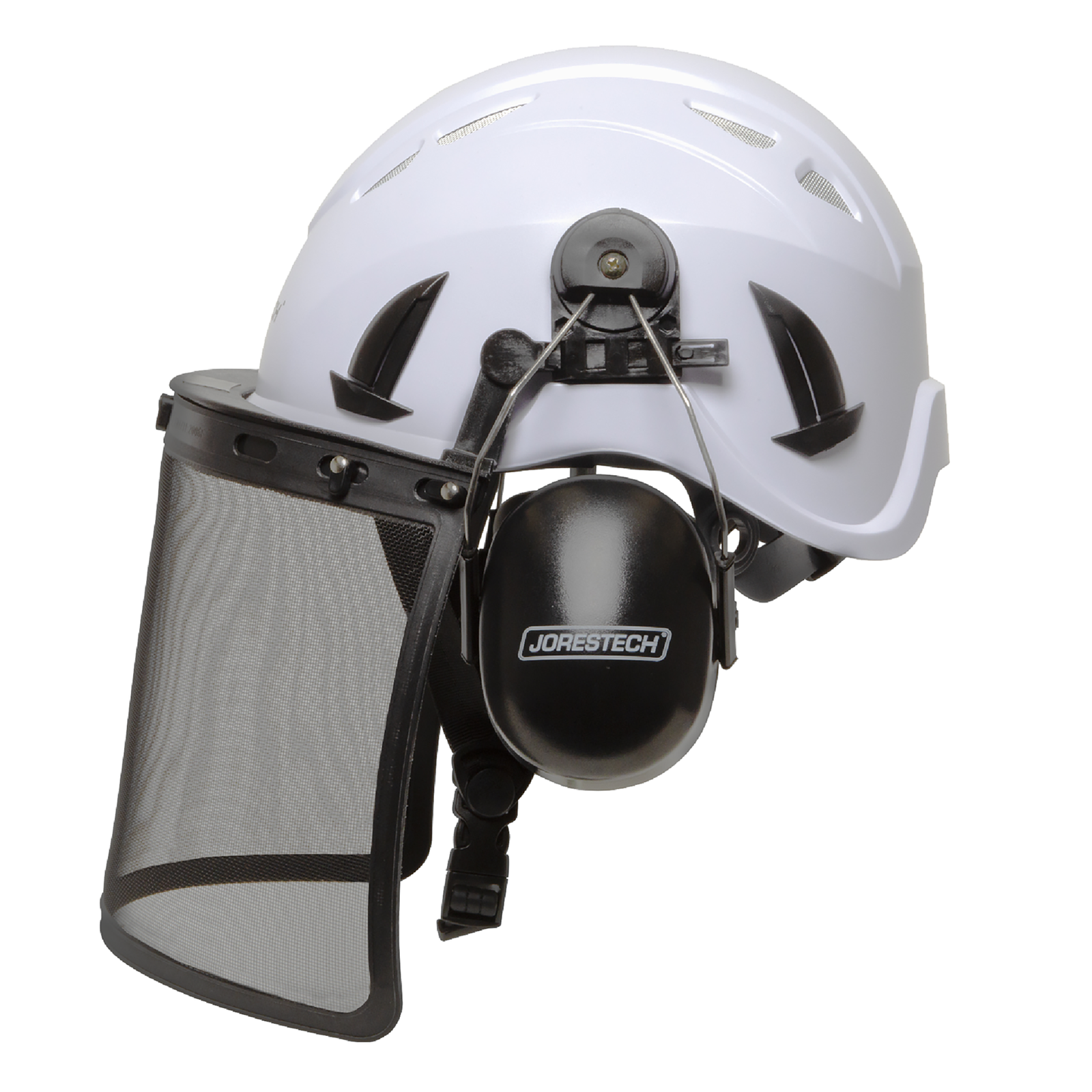 Side view of the white ventilated safety hard hat ANSI compliant class 1 Type C with iron face mesh shield and earmuffs