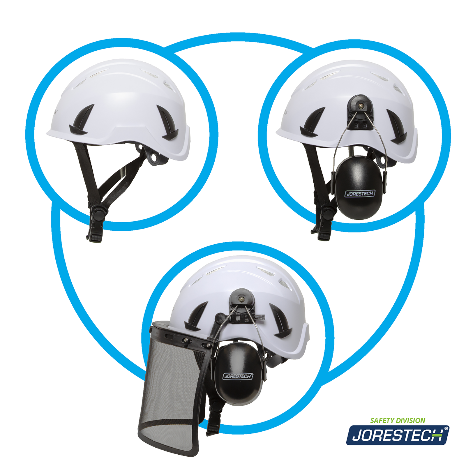Feature 3 different ways to use this safety system: only the hard hat, the hard hat with the ear muffs, and the hard hat plus ear muffs and face shield.