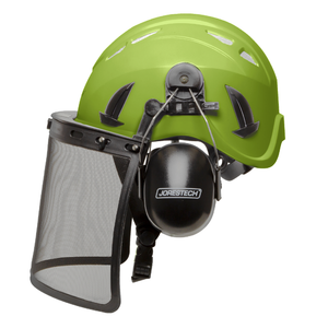 Side view of the lime ventilated safety helmet with iron face mesh shield and earmuffs over white background