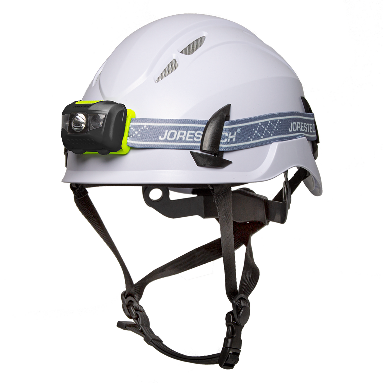 Diagonal view of a white ventilated JORESTECH hard hat with chin strap and a black water resistant headlamp bundle