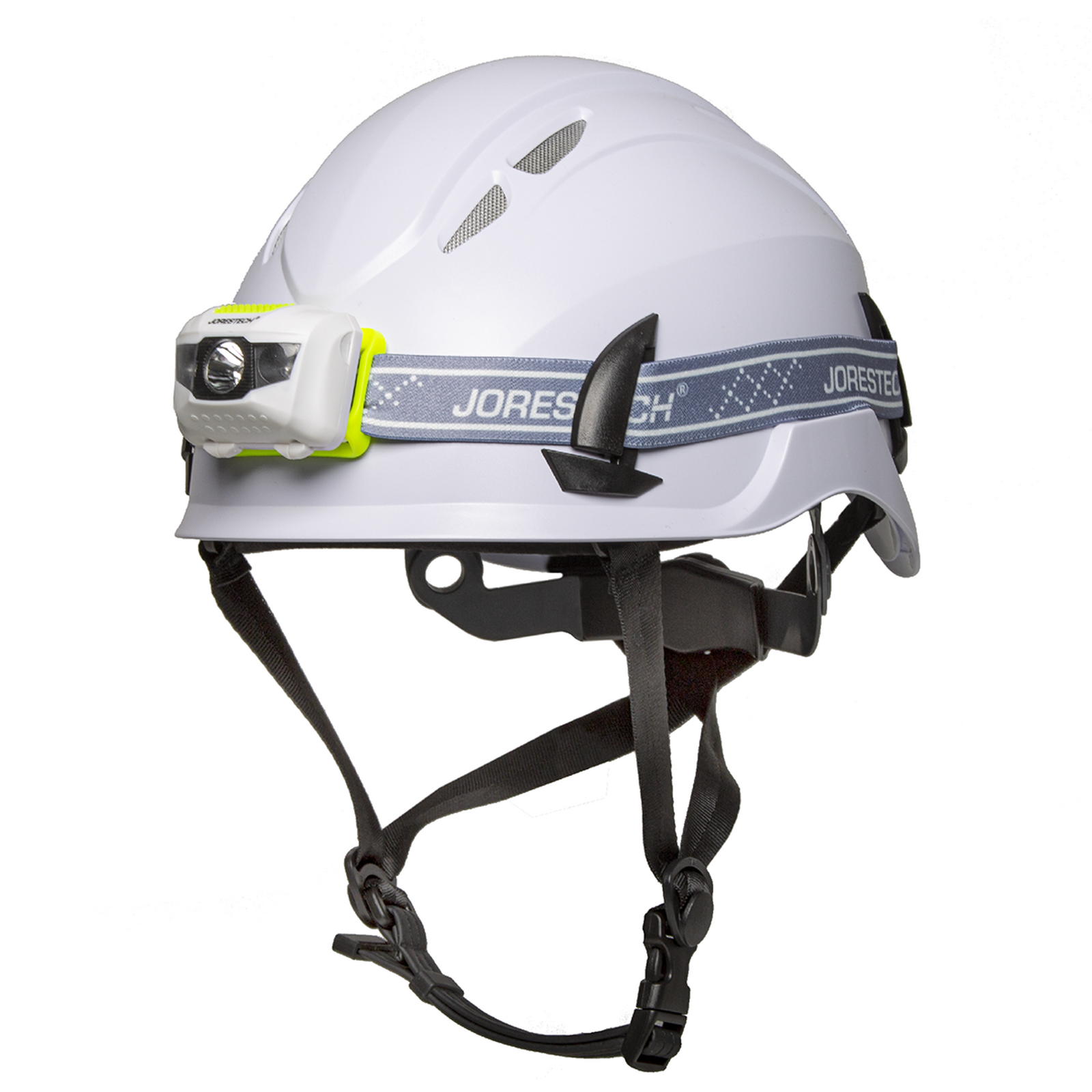 Diagonal view of a white ventilated JORESTECH hard hat with chin strap and a white water resistant headlamp bundle