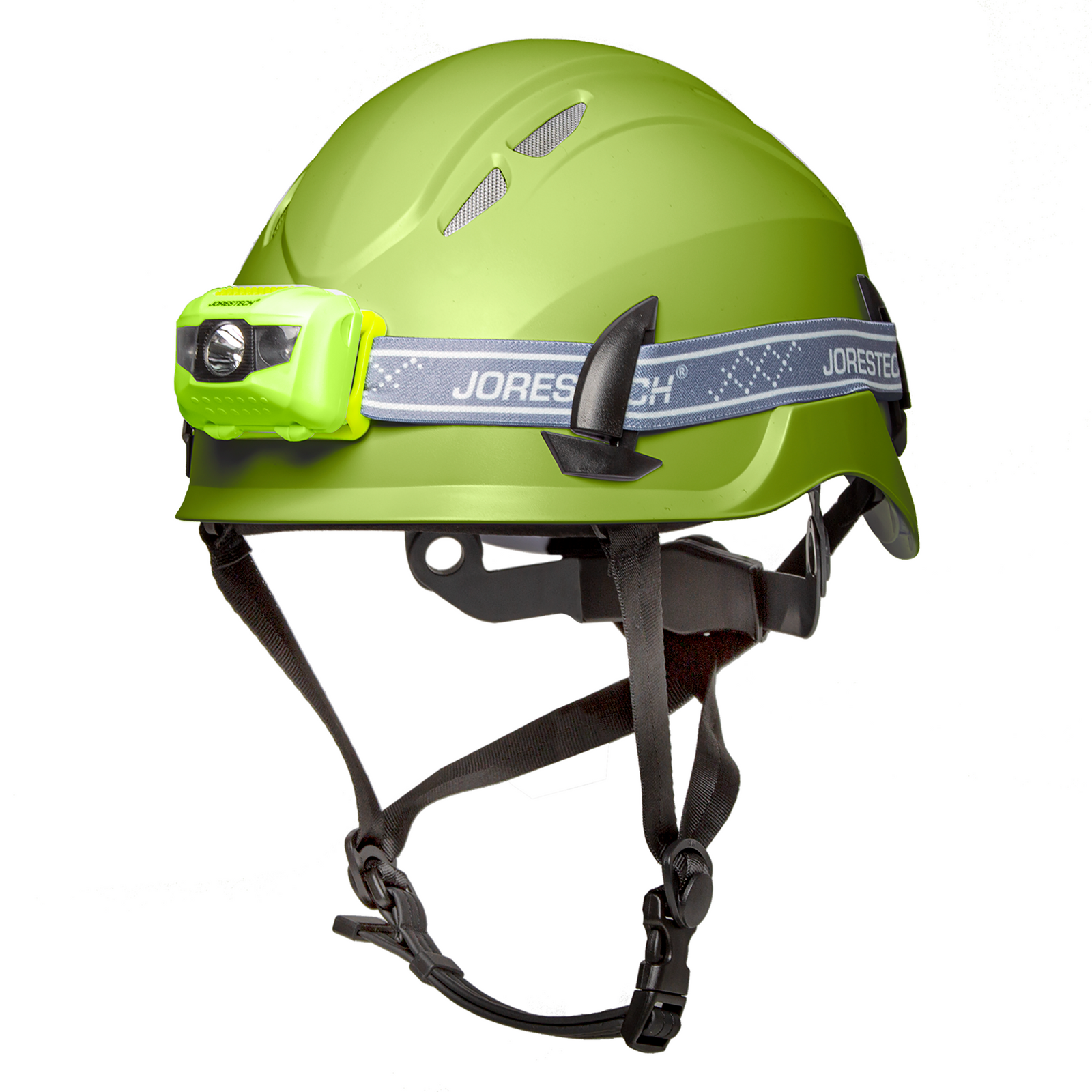 Diagonal view of a lime ventilated JORESTECH hard hat with chin strap and a lime water resistant headlamp bundle