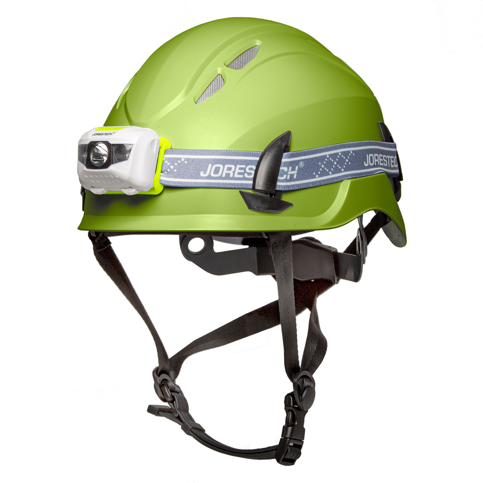 Diagonal view of a lime ventilated JORESTECH ANSI compliant hard hat Class 1 Type C with chin strap and a white water resistant headlamp bundle