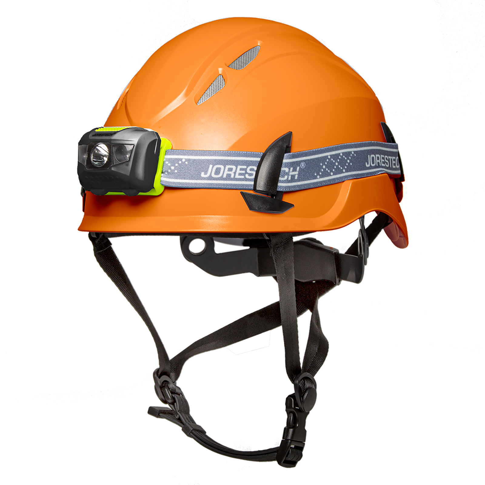 Diagonal view of an orange ventilated JORESTECH hard hat with chin strap and a the JORESTECH black water resistant headlamp bundle
