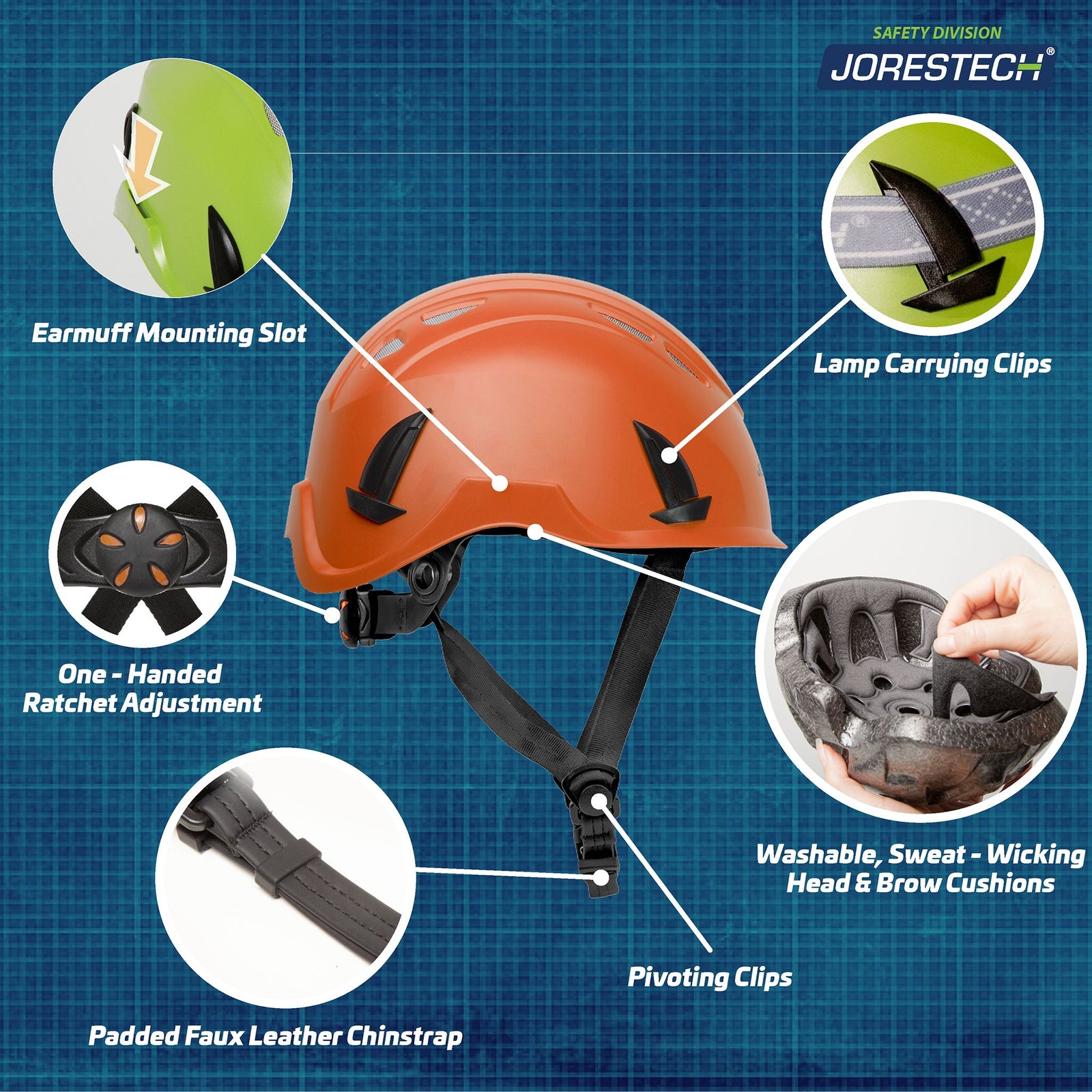 Banner featuring an orange safety hard hat system with head lamp. Text with call outs read: earmuff mounting slots, lamp carrying clips, washable sweat wicking head and brow cushions, padded faux leader chinstrap, one handed ratchet adjustment and earmuff mounting slots
