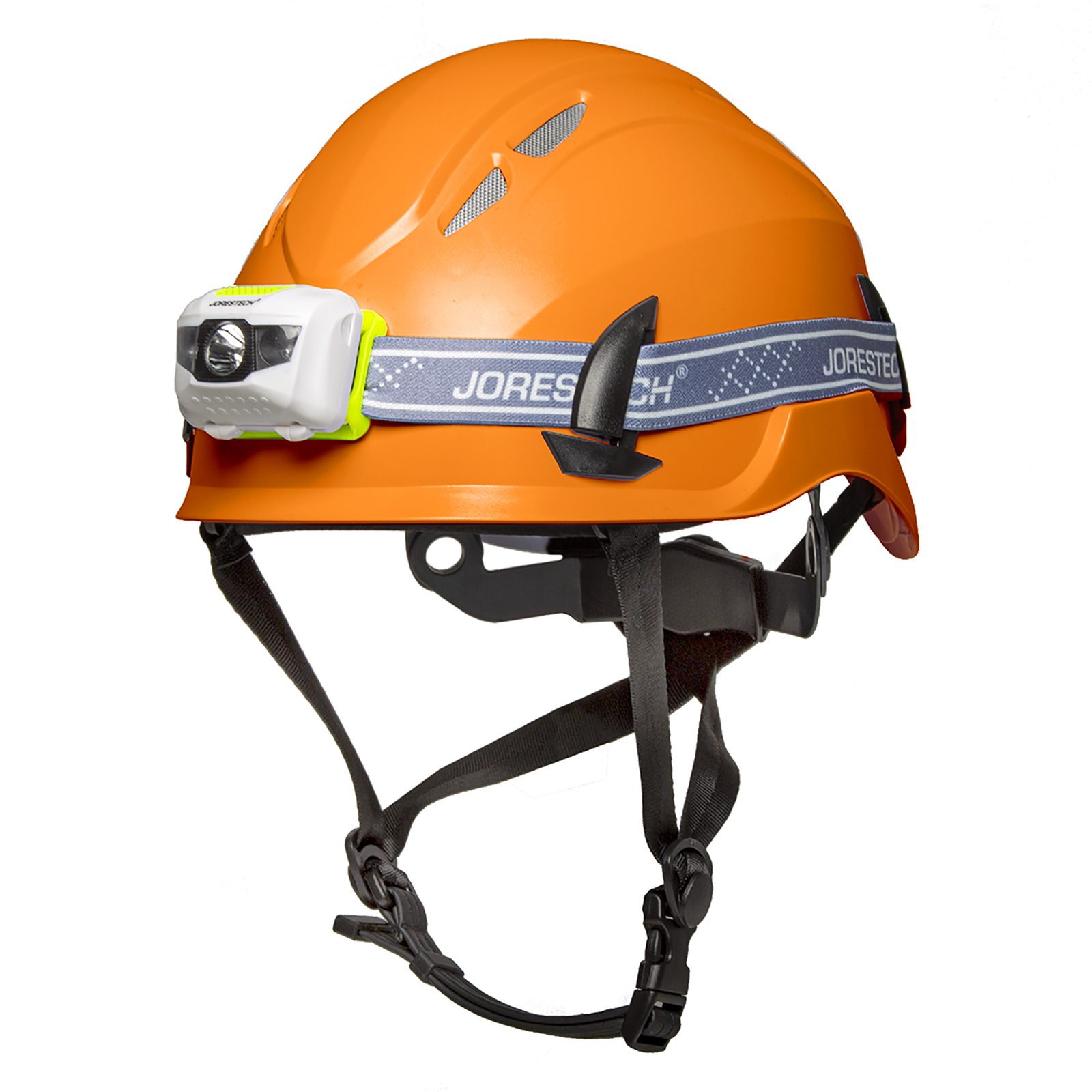 Diagonal view of an orange ventilated JORESTECH hard hat with chin strap and a white water resistant headlamp bundle