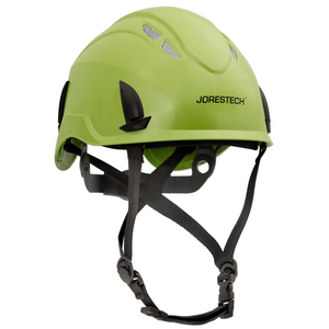 Diagonal view of the lime/green Ventilated work at height JORESTECH® hard hat with anti intrusion grille and adjustable 4 point suspension with chin strap