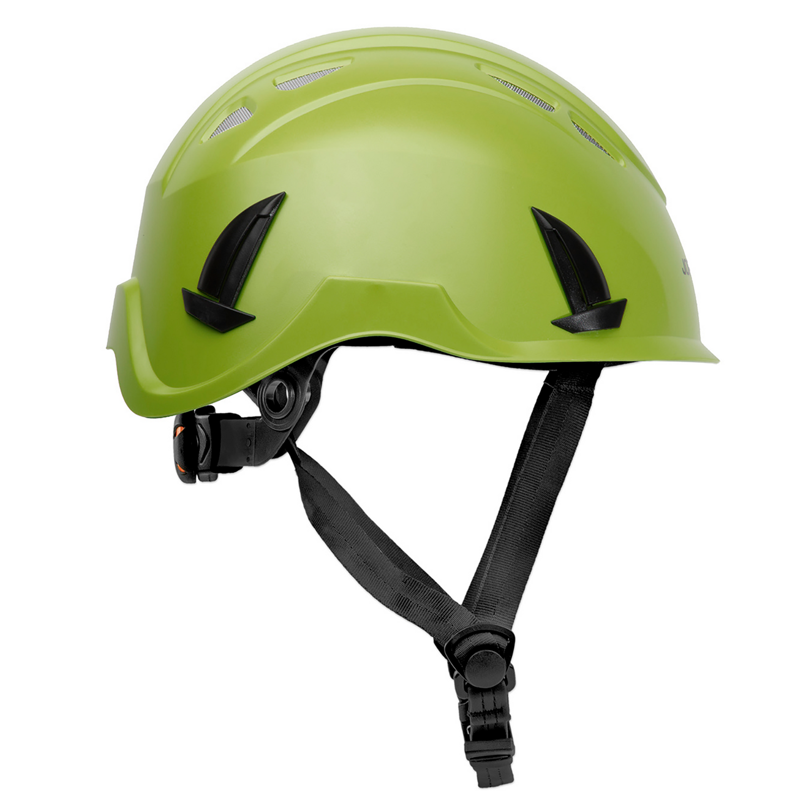 Side view of the lime/green Ventilated JORESTECH® hard hat class 1 type C with anti intrusion grille and adjustable 4 point suspension with black chin strap