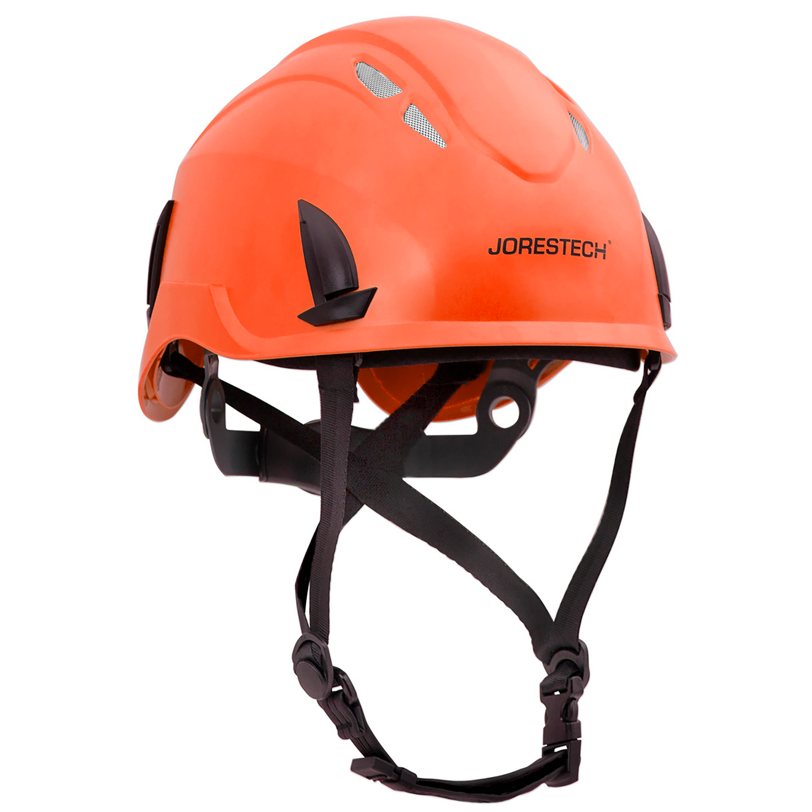 Diagonal view of the orange Ventilated work at height JORESTECH® hard hat with anti intrusion grille and adjustable 4 point suspension with chin strap