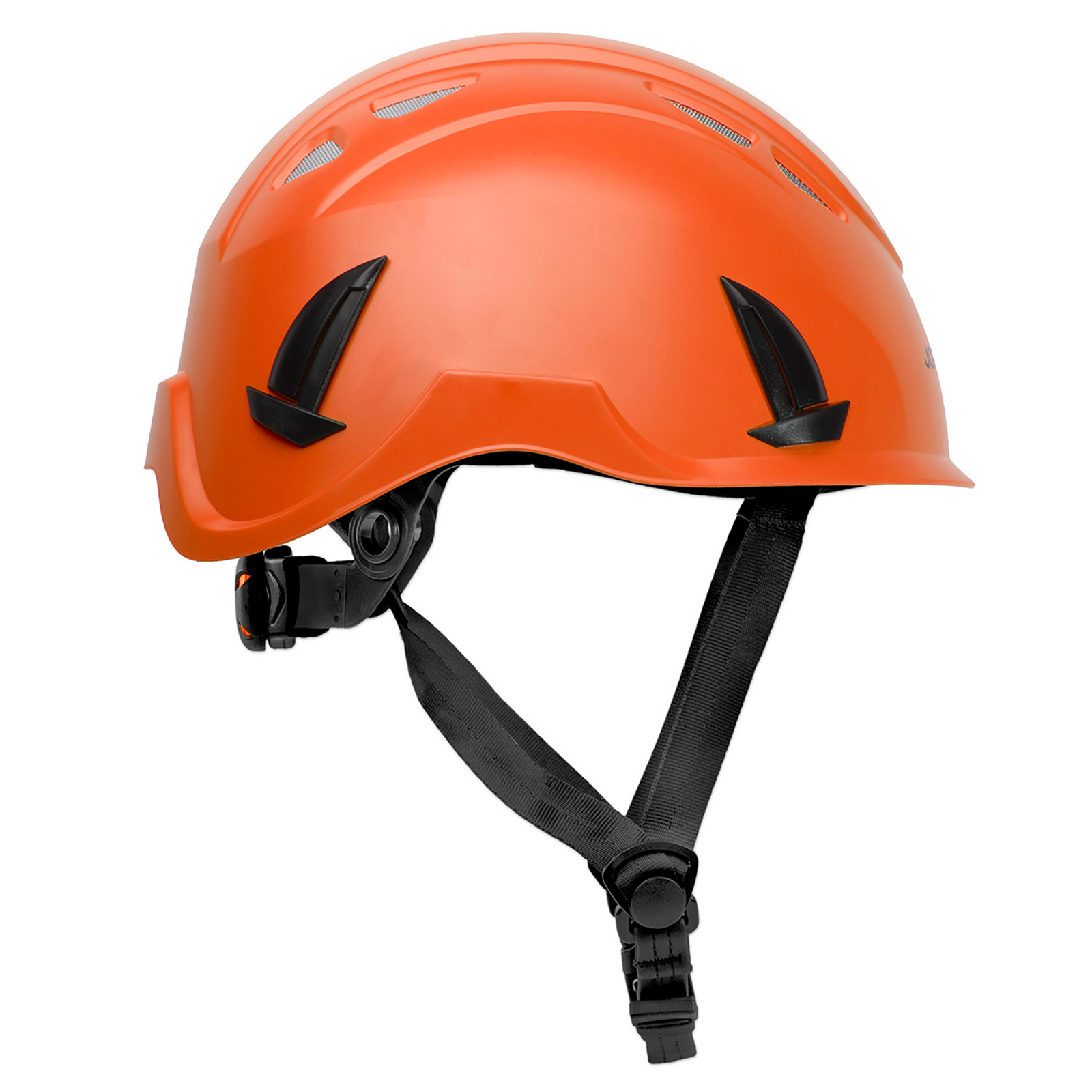 Side view of the orange Ventilated work at height JORESTECH® hard hat with anti intrusion grille and adjustable 4 point suspension with chin strap
