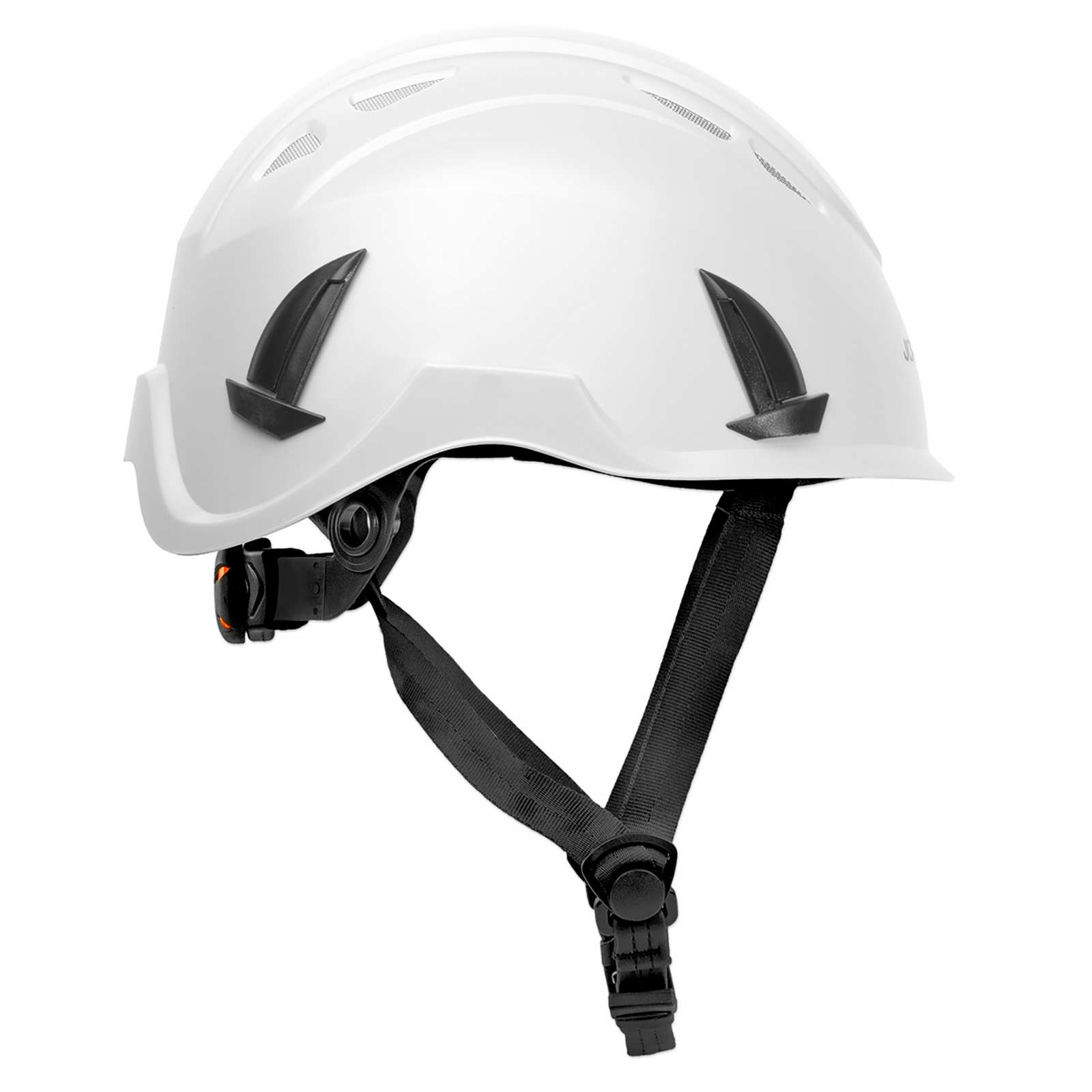 Side view of the white Ventilated JORESTECH® hard hat Class, 1 Type C with anti intrusion grille and adjustable 4 point suspension with chin strap
