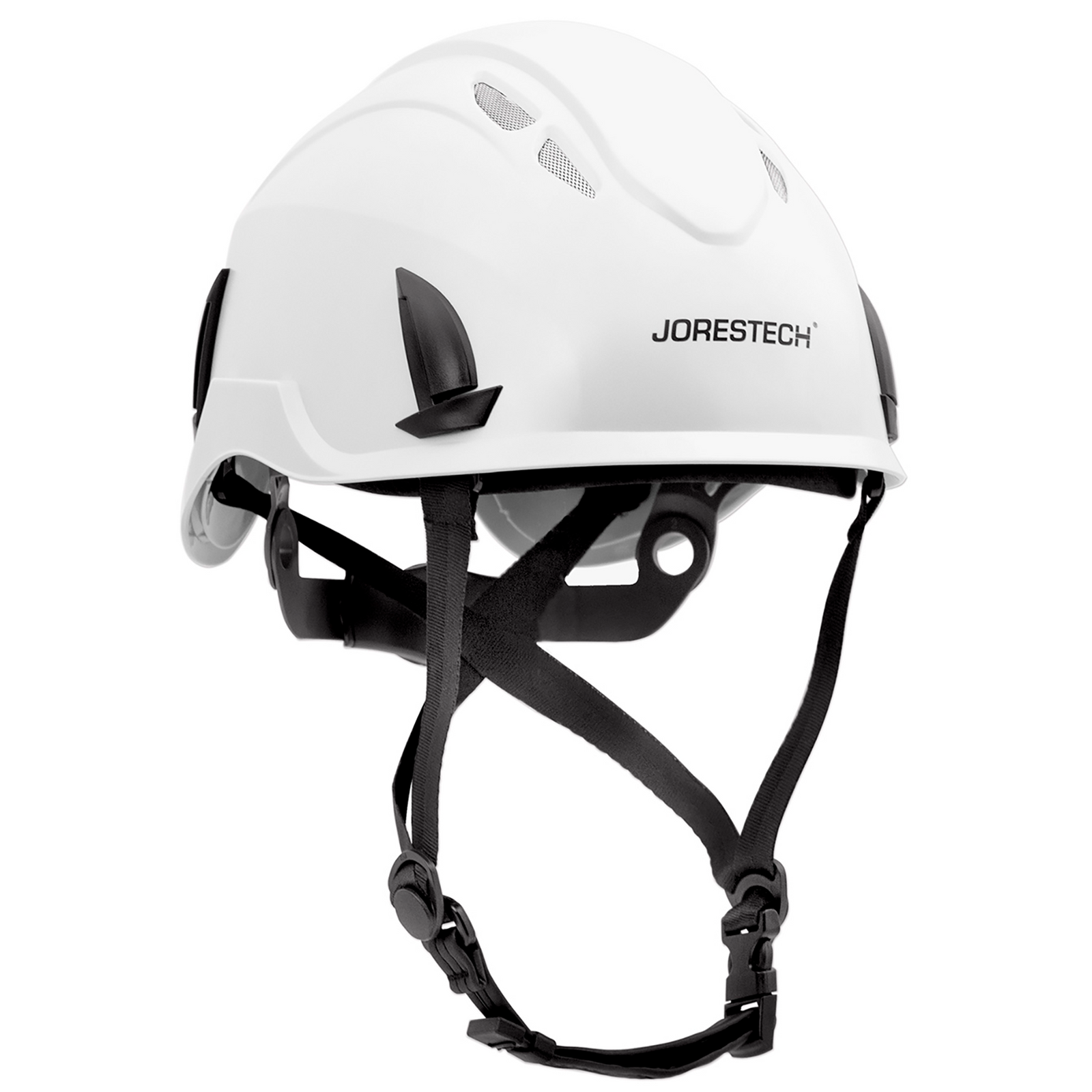 Diagonal view of the white Ventilated JORESTECH® hard hat with anti intrusion grille and adjustable 4 point suspension with chin strap