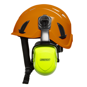 Side view of the orange ventilated work at height JORESTECH hard hat with chin strap class 1 Type C with mounted lime ear muffs over white background