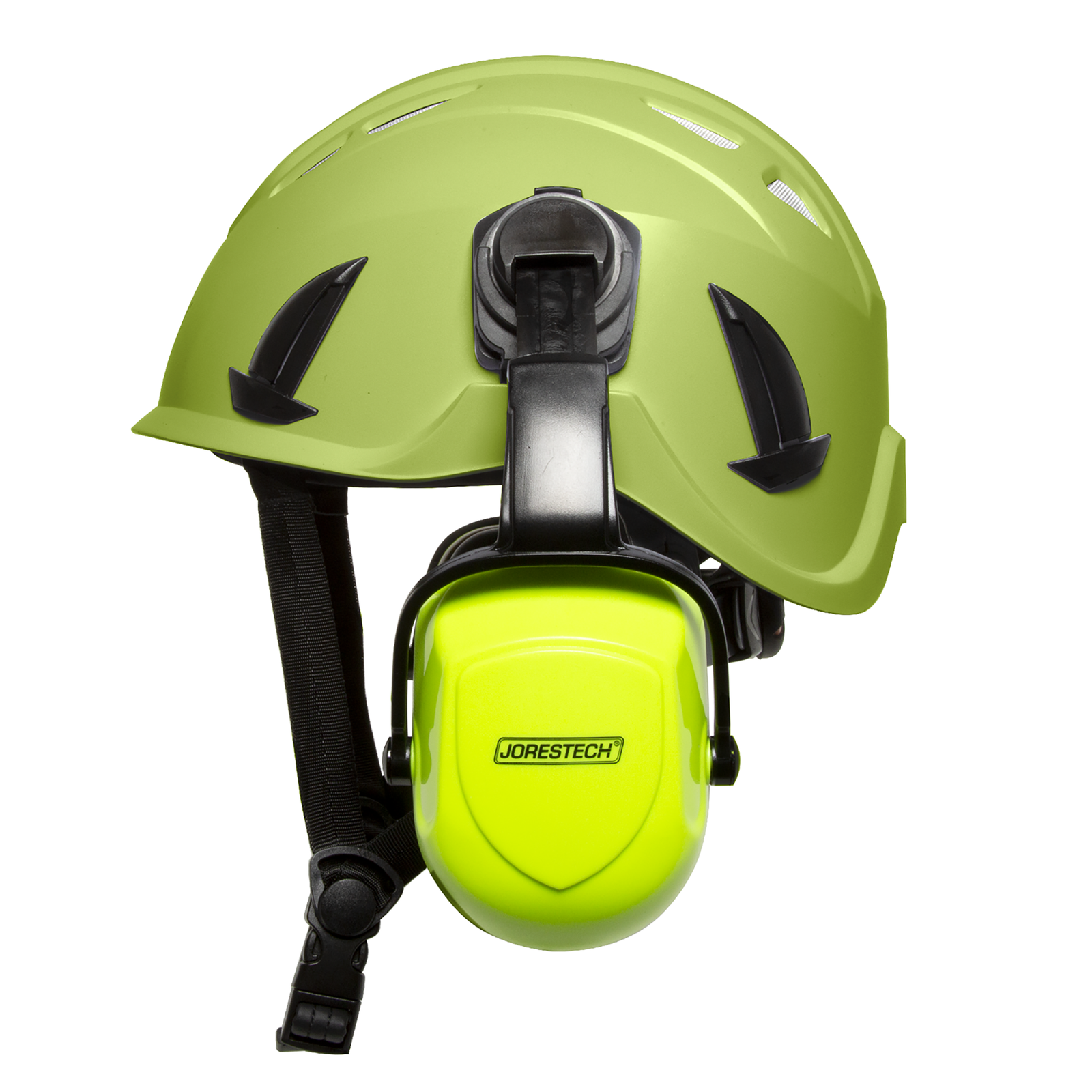 Side view of the lime/green ventilated ANSI hard hat with mounted lime/yellow ear muffs over white background