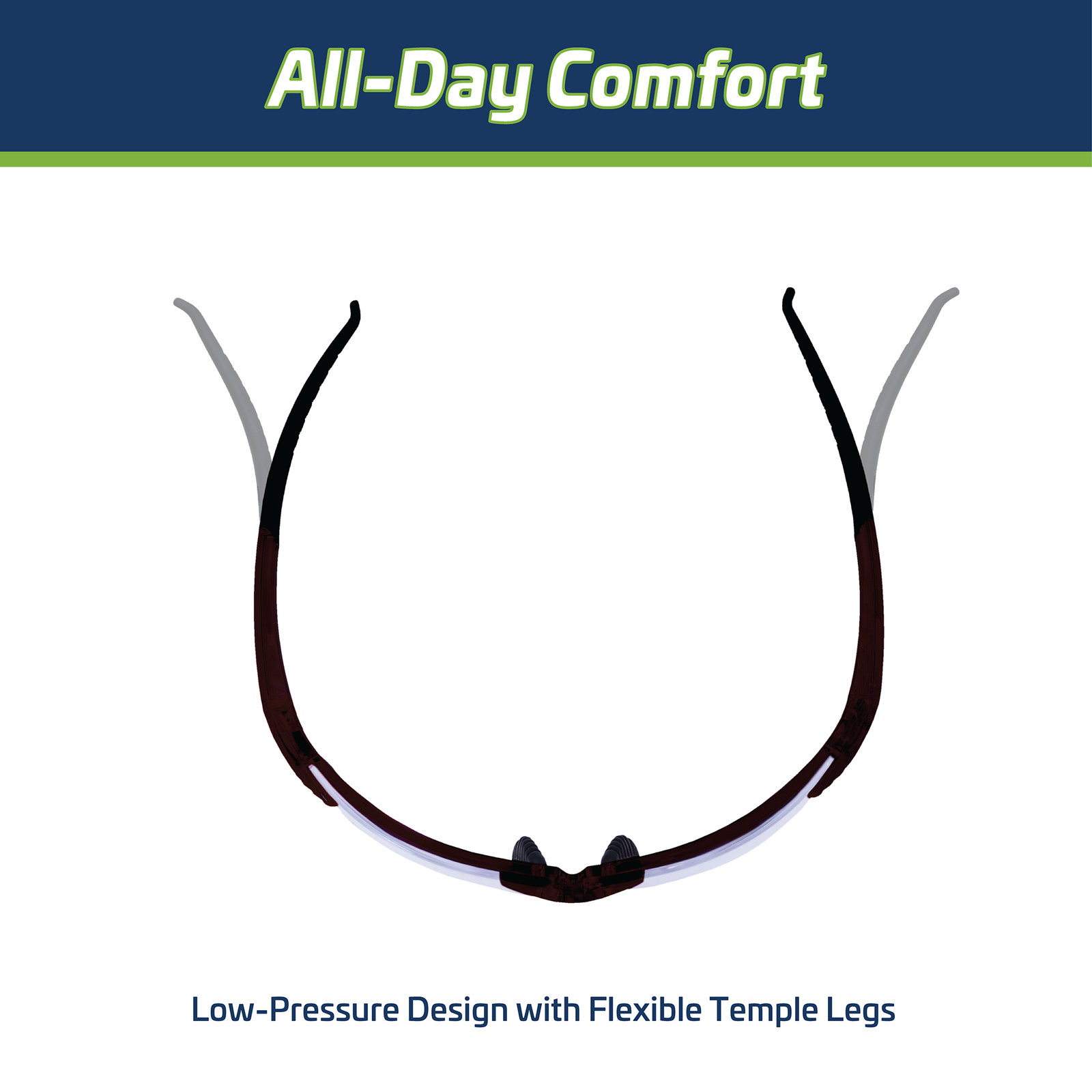 Features flexible temple legs of the high impact wrap around safety glasses with flexible rubber tips. Text reads All day comfort, low pressure design with flexible temple tips