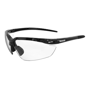 High impact safety glasses with flexible rubber temple with clear lenses and black frame and temples