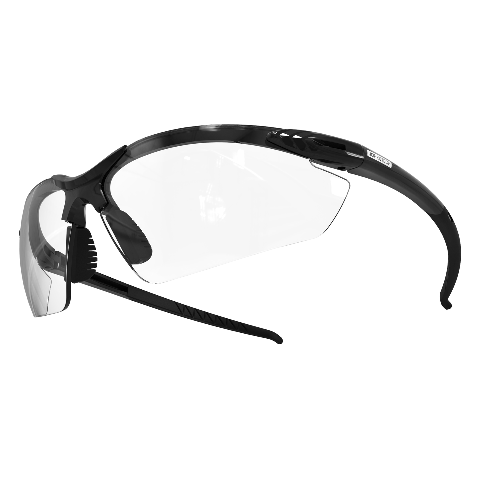 High impact safety glasses with flexible rubber temple with clear lenses and black frame and temples
