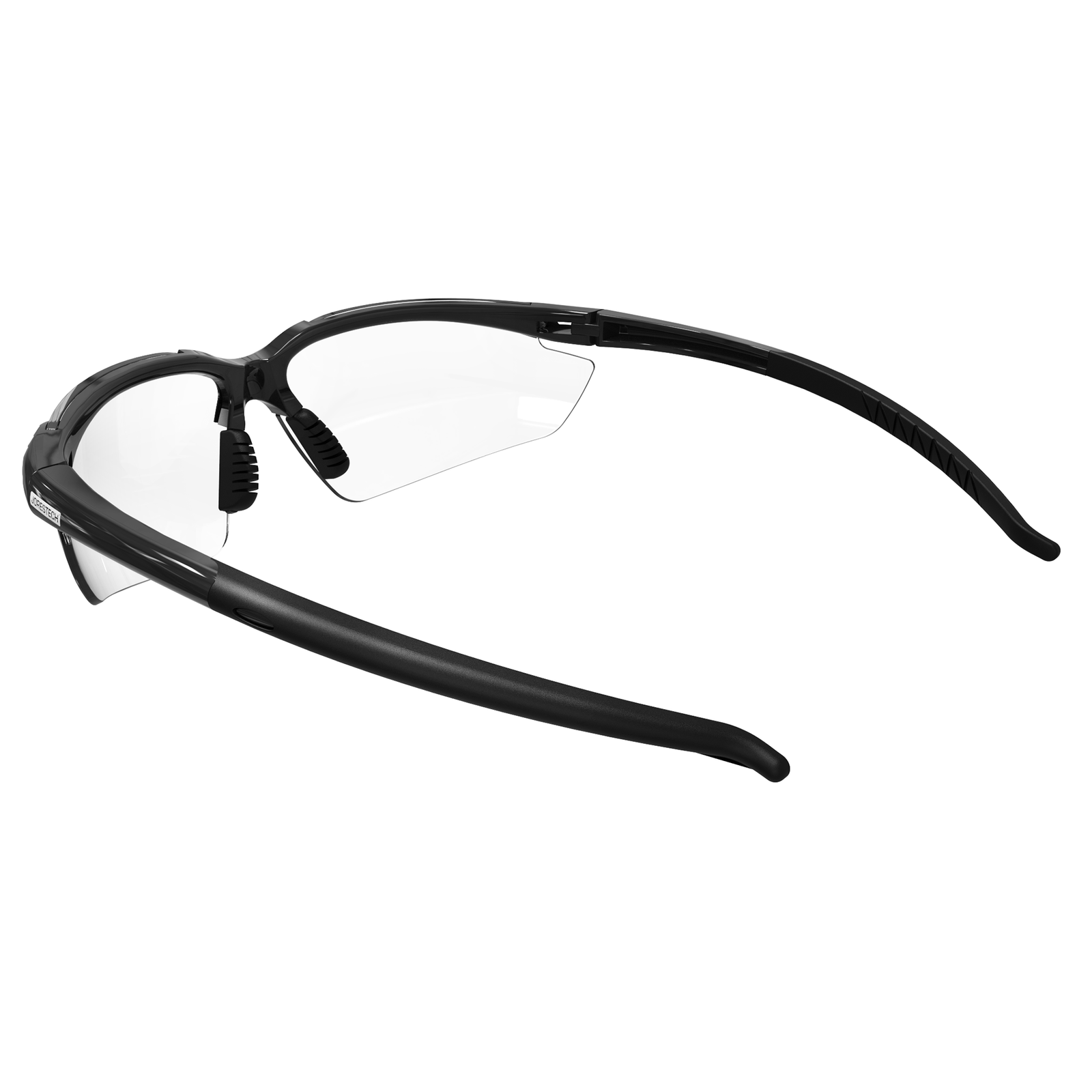 ANSI Z87 + Compliant high impact safety glasses with flexible rubber temple with clear lenses and black frame and temples