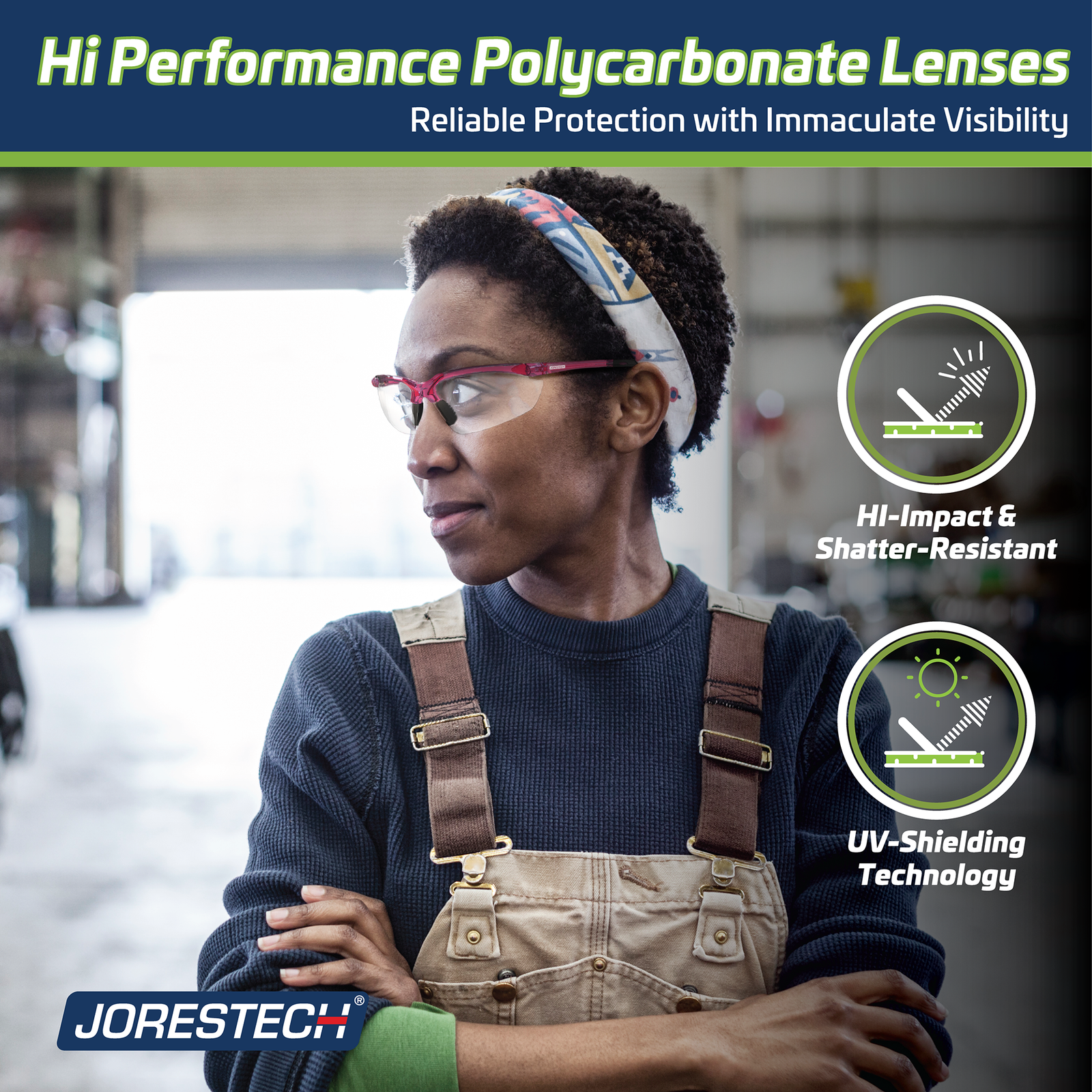 A young lady wearing the clear pink ANSI compliant safety hi impact safety glasses while working in a warehouse. Text reads: hi performance polycarbonate lenses, reliable protection with immaculate visibility, hi impact and shatter resistant, UV shielding technology