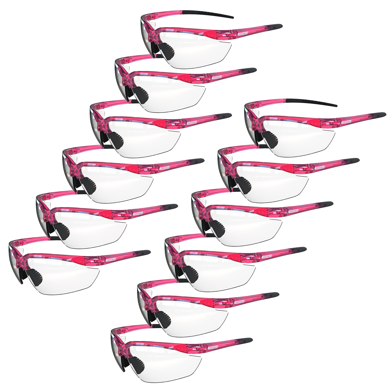 12 pack of the wrap around safety glasses with flexible rubber temple clear lenses and pink frame