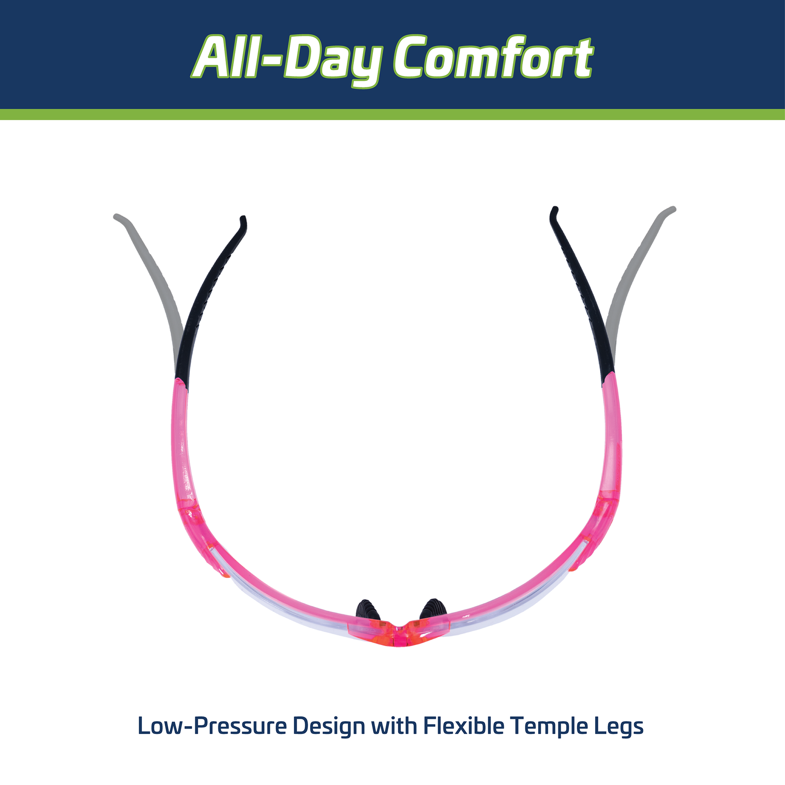 Features flexible temple legs of the high impact wrap around safety glasses. Text reads: All day comfort, low pressure design with flexible temple tips