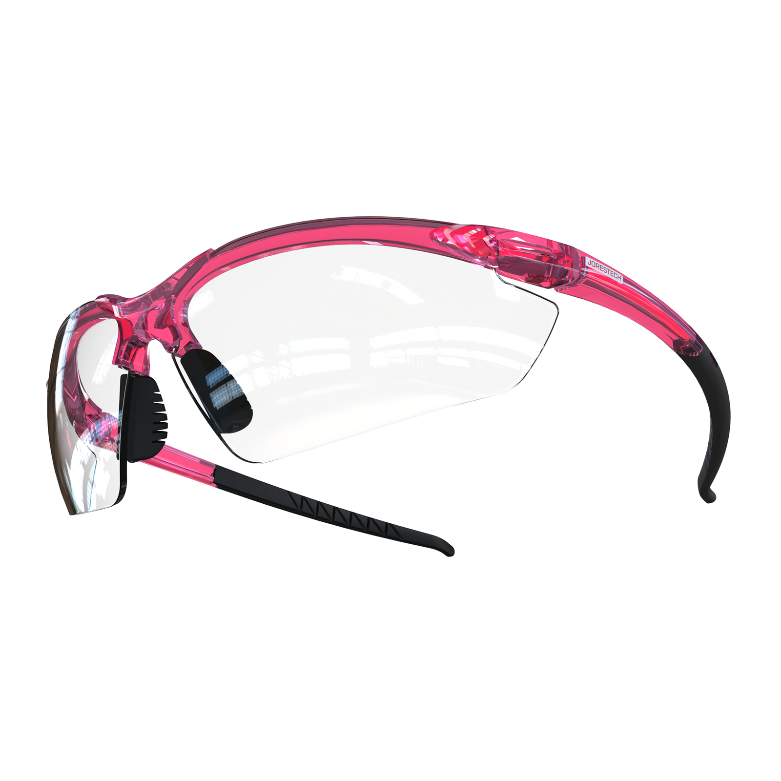 The ANSI Z87 + Compliant high impact safety glasses with flexible rubber temple with clear lenses and pink frame and temples