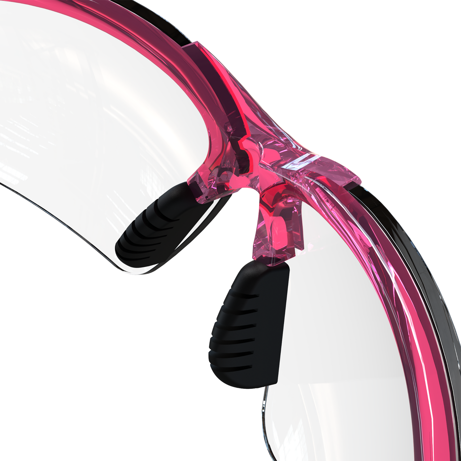 Close up of the soft adjustable nose bridge of the JORESTECH high impact safety glasses with flexible rubber temple clear lenses and pink frame